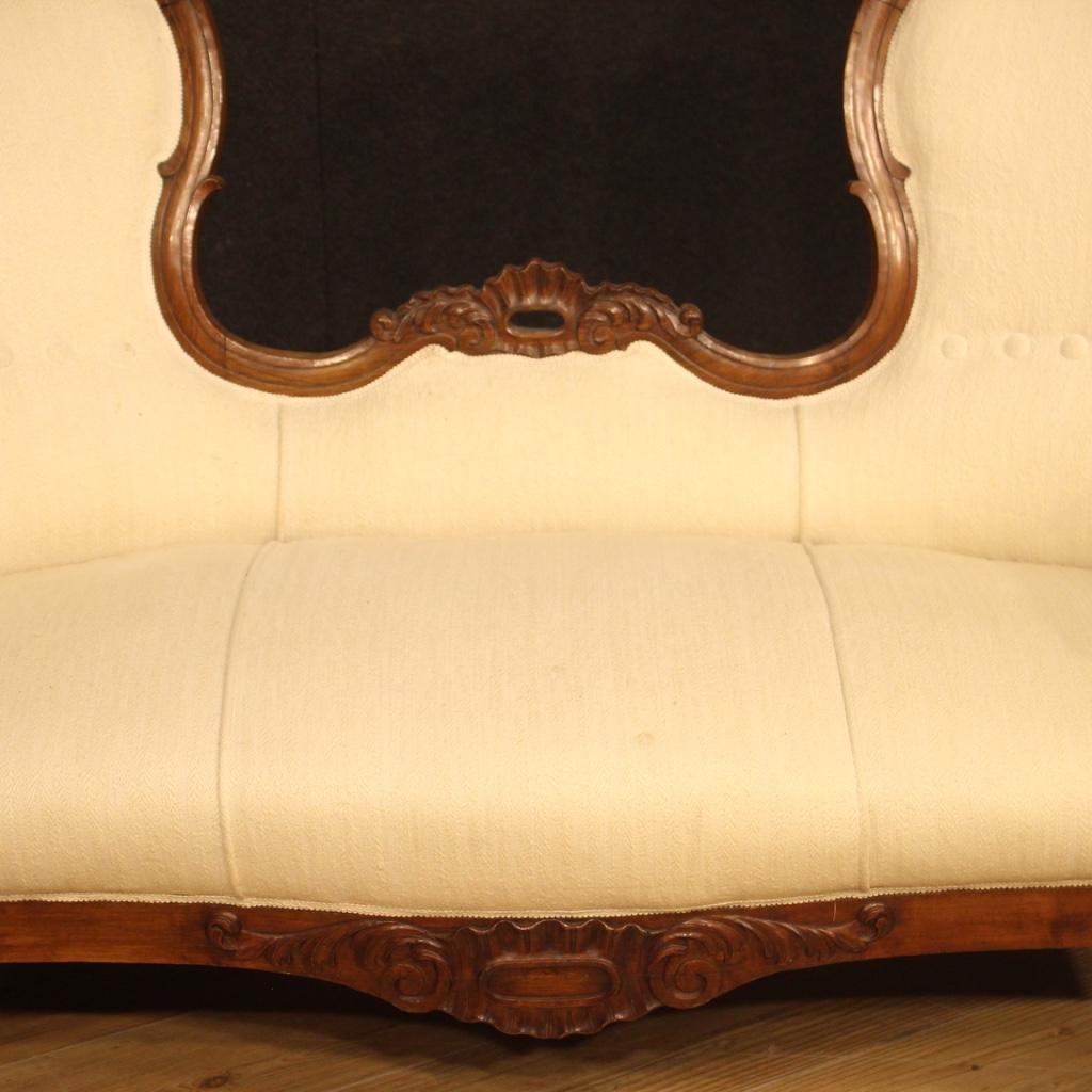 19th Century Walnut Wood and White Fabric Italian Sofa Couch, 1880 For Sale 5