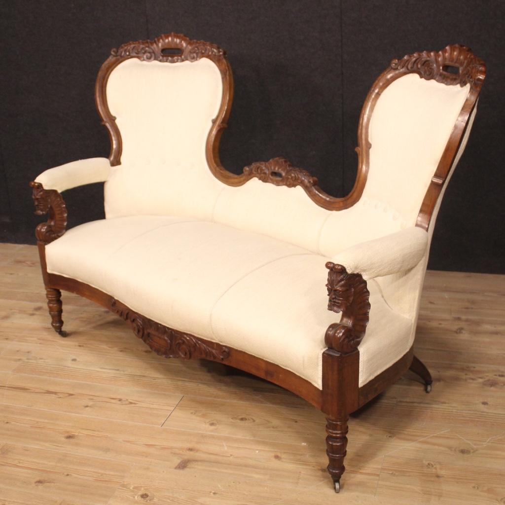19th Century Walnut Wood and White Fabric Italian Sofa Couch, 1880 For Sale 2