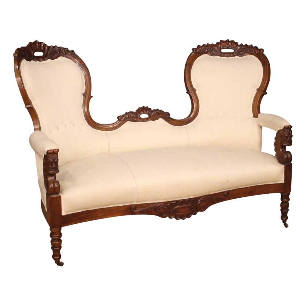 19th Century Walnut Wood and White Fabric Italian Sofa Couch, 1880 For Sale