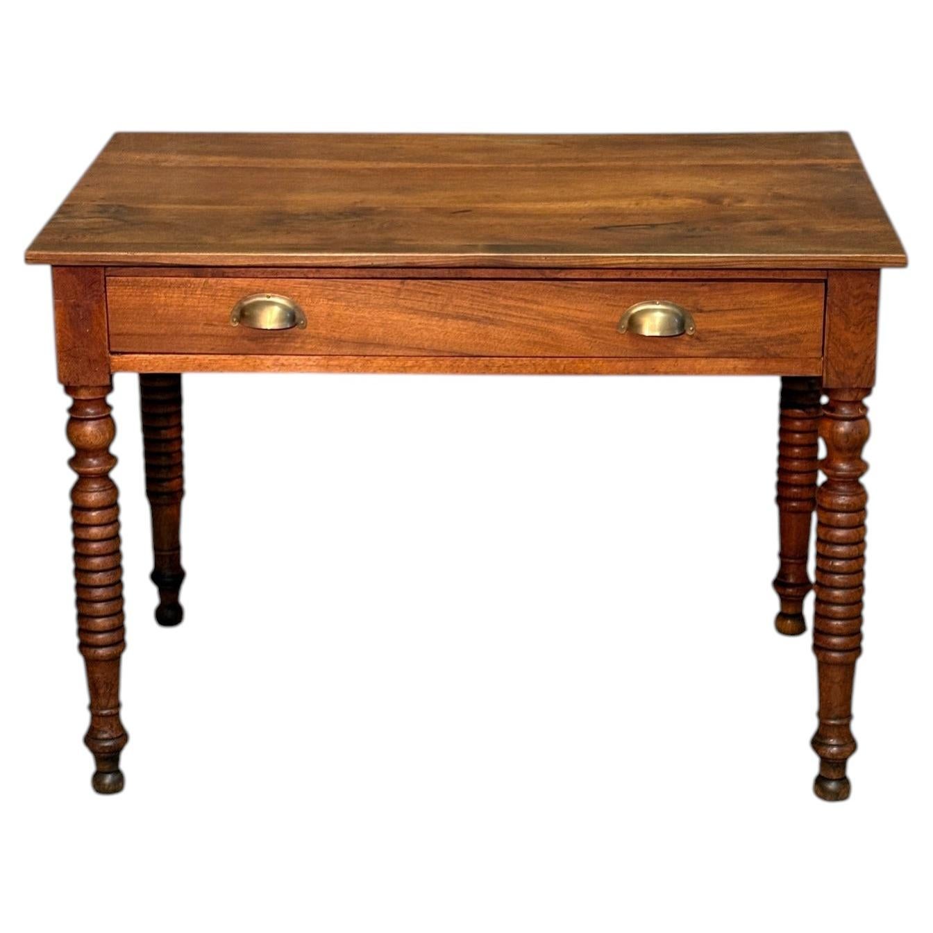 19th-Century Walnut Writing Desk with Turned Legs and Spacious Drawer