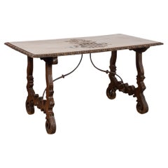 19th Century Walnut Writing Table with Carved Family Crest, Spain