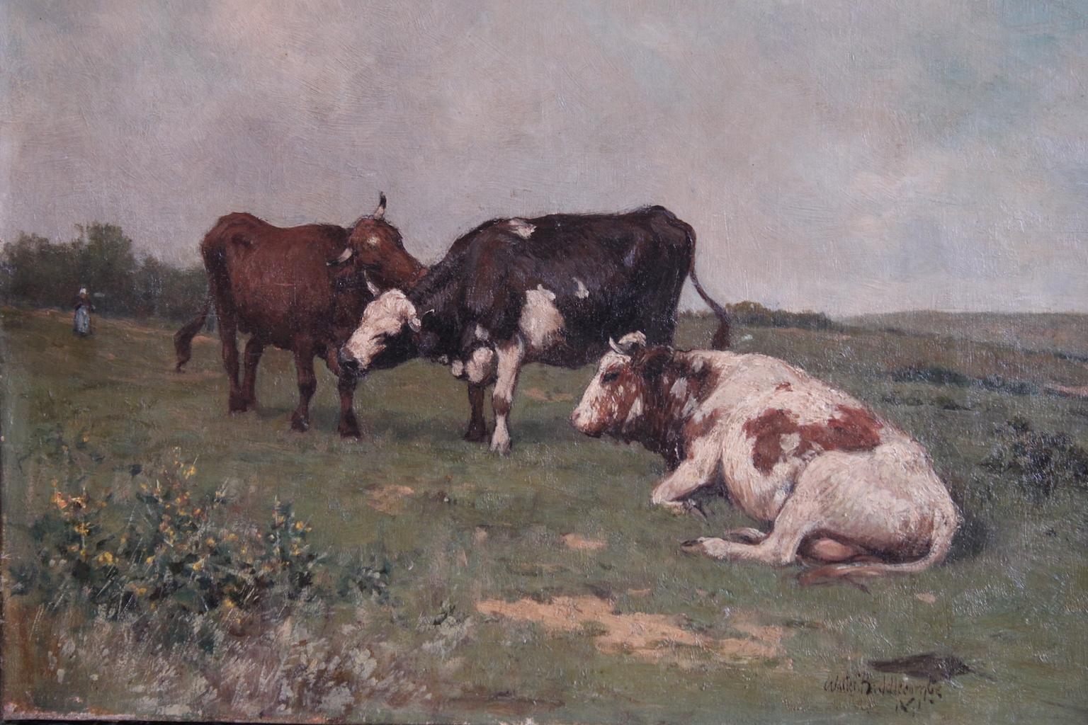 19th century Walter Biddlecombe Cows painting, to clean, without frame. 
Dimensions: width 40,5cm, Height 29,5cm, Depth 2cm