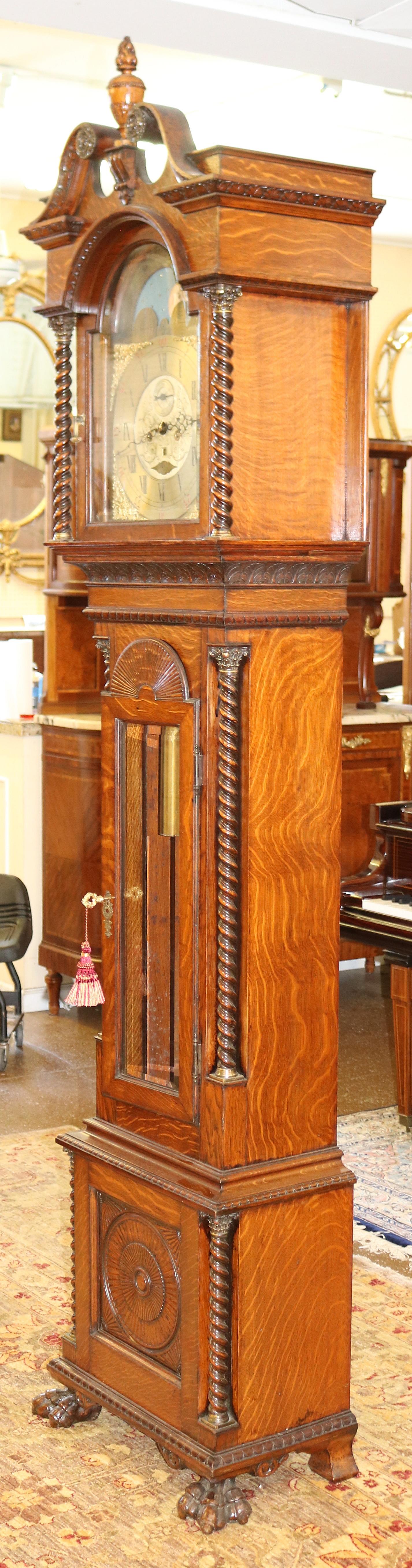 19th Century Walter Durfee Tiger Oak Pattern 42 Tall Case Grandfather Clock In Good Condition For Sale In Long Branch, NJ