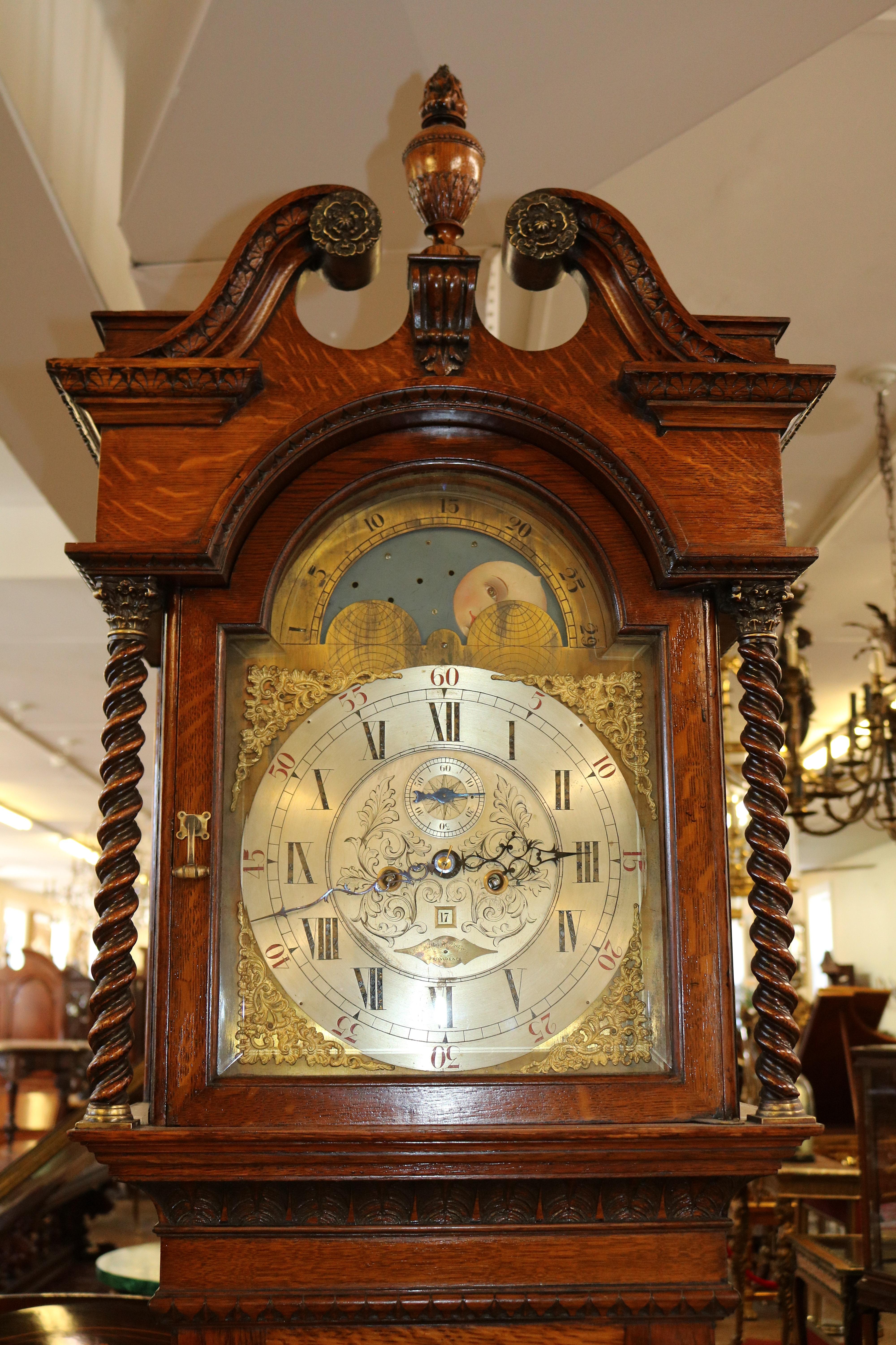 19th Century Walter Durfee Tiger Oak Pattern 42 Tall Case Grandfather Clock For Sale 1