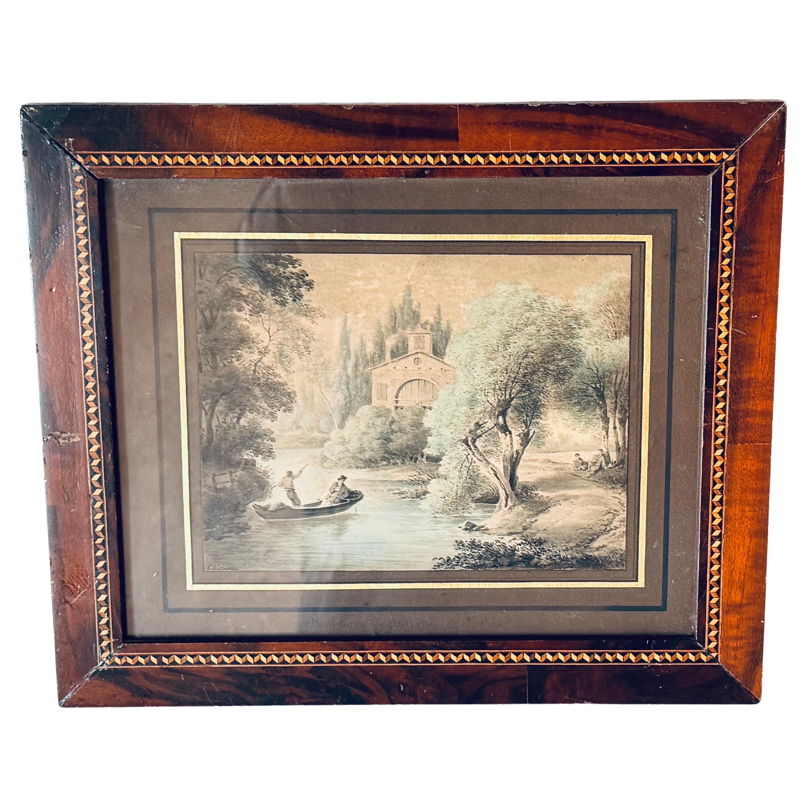 19th-Century Watercolor by Claude Thiénon – River Scene with Boat and Church