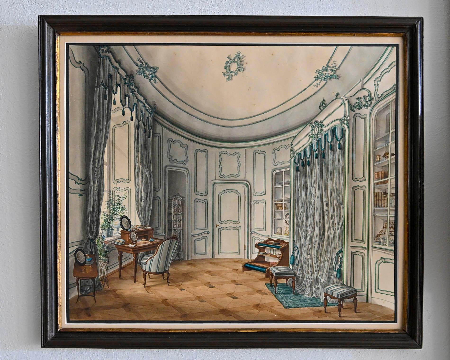 19th century watercolor of a noble interior view.
This is, as noted on the back, a room in the Palace Trauttmannsdorff in the old town of Prague. It shows the special furniture of this time, the special floor, the curtains and the lovely displayed