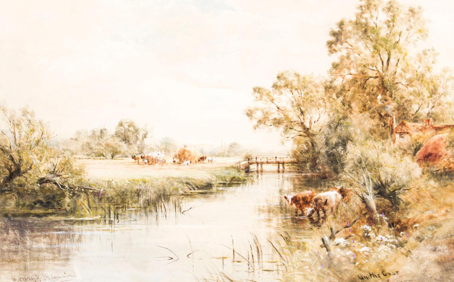 Antique English watercolor landscape by Henry John Kinnaird British, (1861-1929), circa 1880 in date.

This wonderful watercolor titled 'on the Ouse, Sussex' features a tranquil rural English countryside landscape with cows drinking water on the