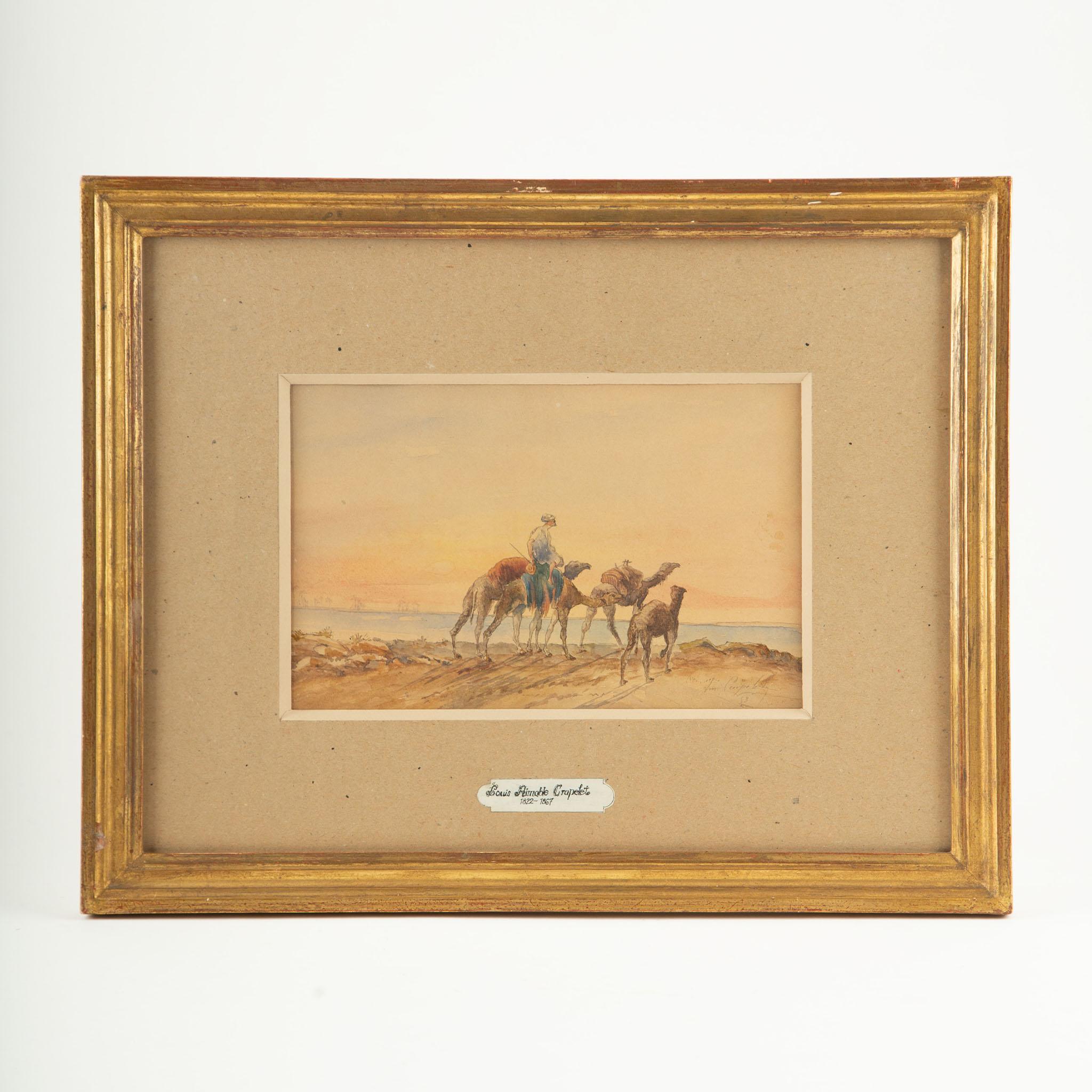 19th Century Watercolor of Camels and Rider, Signed Louis Aimable Crapelet (1822–1867), 
A finely executed 19th-century watercolor depicting a desert scene with a rider and three camels against a softly glowing sky, signed and dated by Louis Aimable