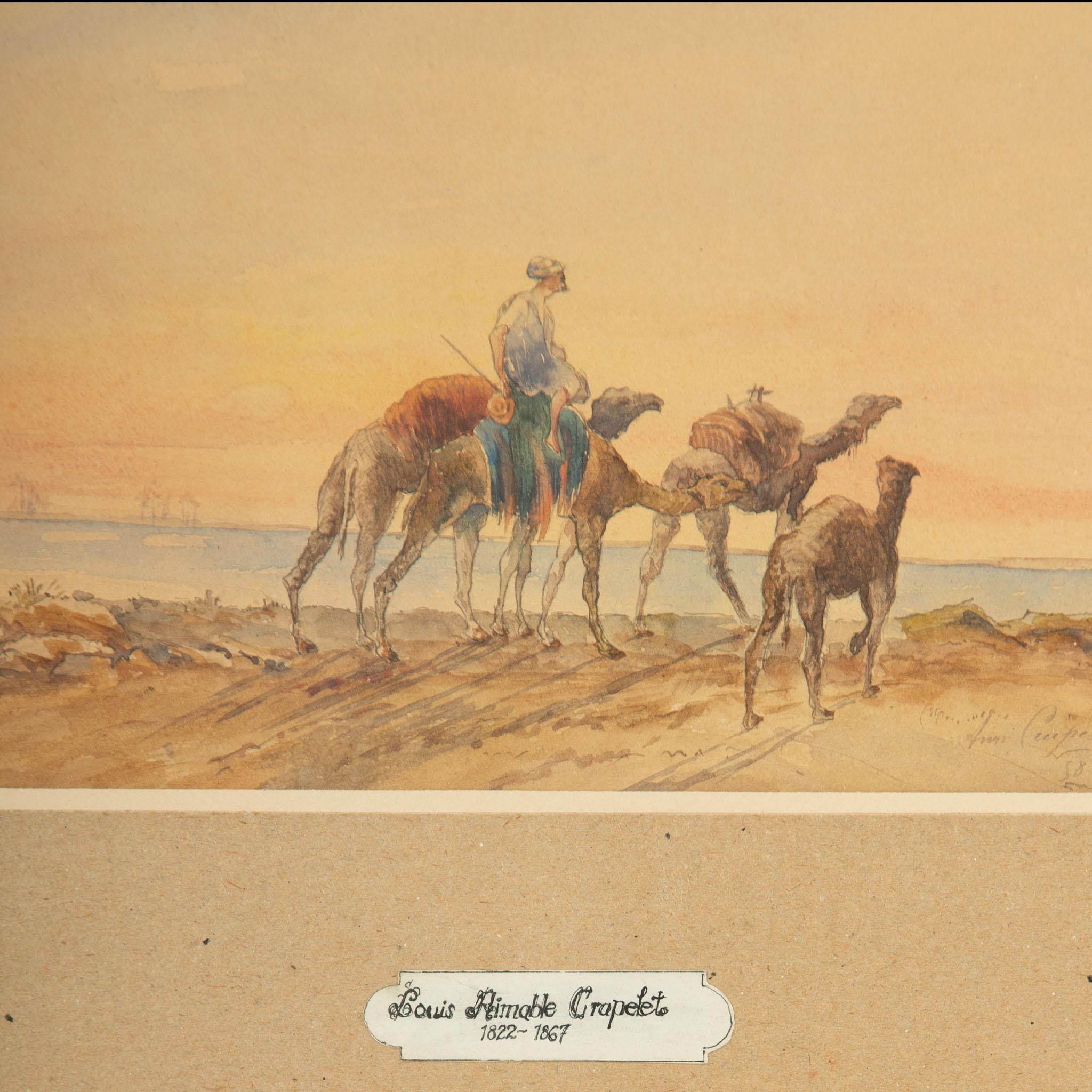 French 19th Century Watercolor of Camels & Rider Signed & Dated, Louis Aimable Crapelet For Sale