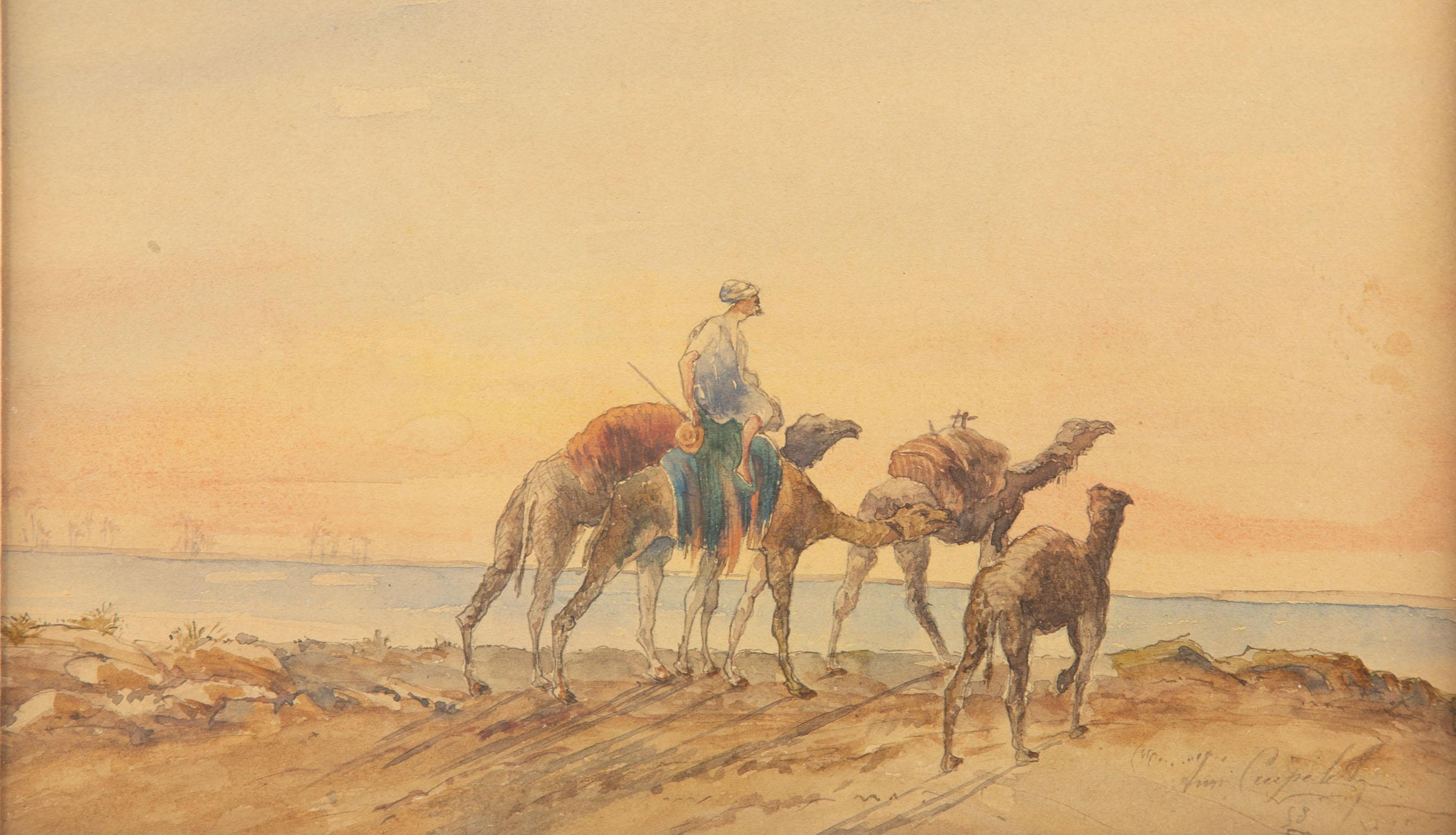 19th Century Watercolor of Camels & Rider Signed & Dated, Louis Aimable Crapelet For Sale 1