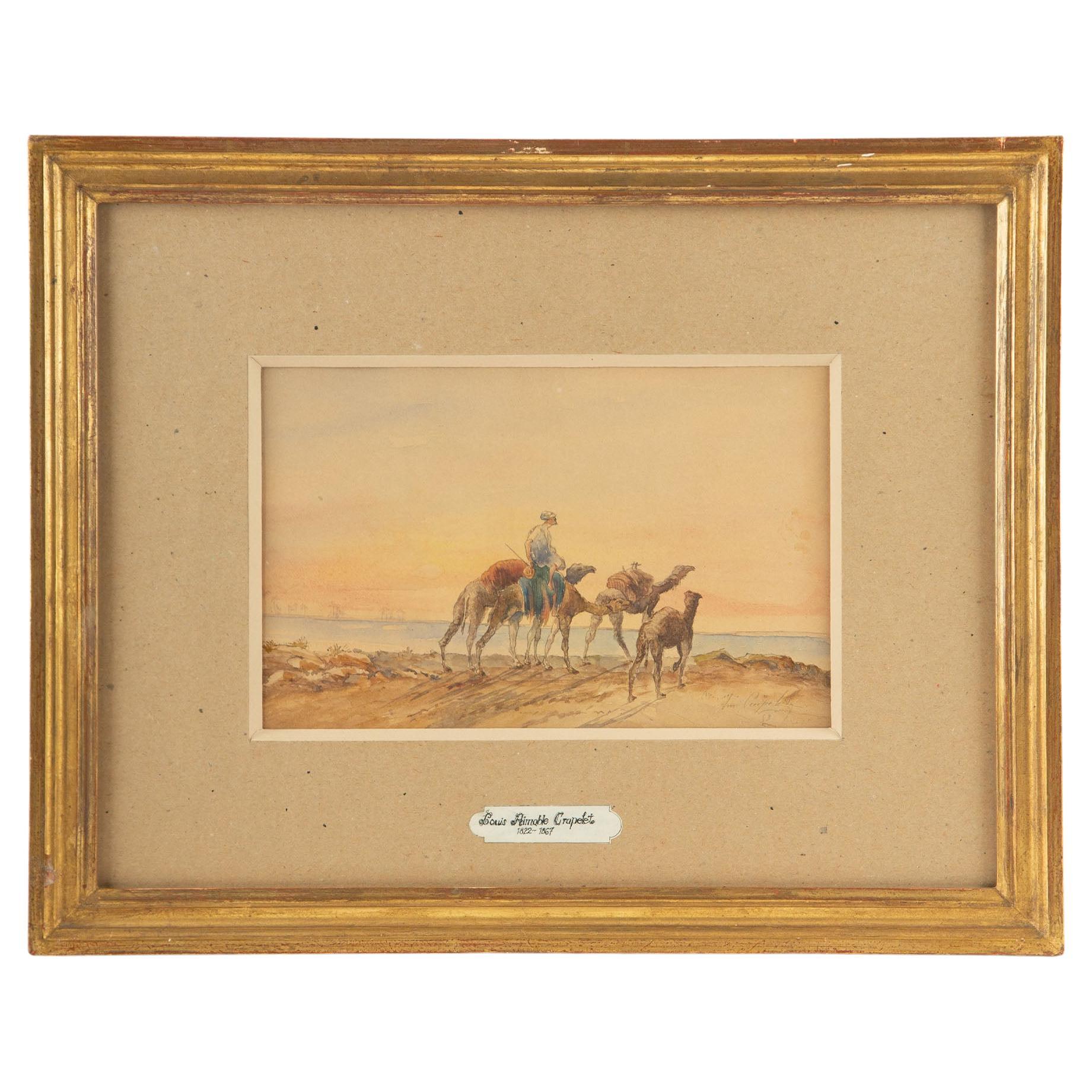 19th Century Watercolor of Camels & Rider Signed & Dated, Louis Aimable Crapelet For Sale