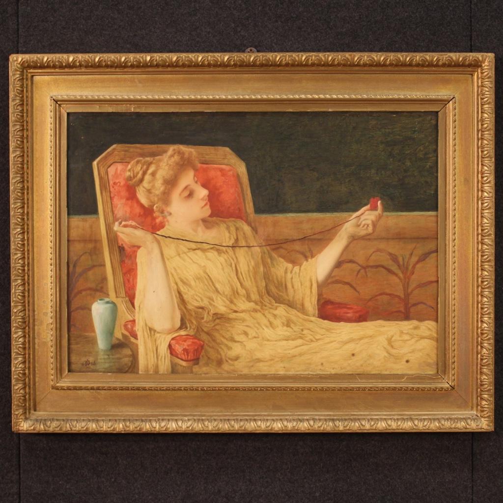 Antique English painting dated 1886. Watercolor on paper depicting a pleasant subject girl spinning with monogram and date in the lower left corner (see photo). Non-coeval frame in wood and plaster chiseled and gilded with some small lack of