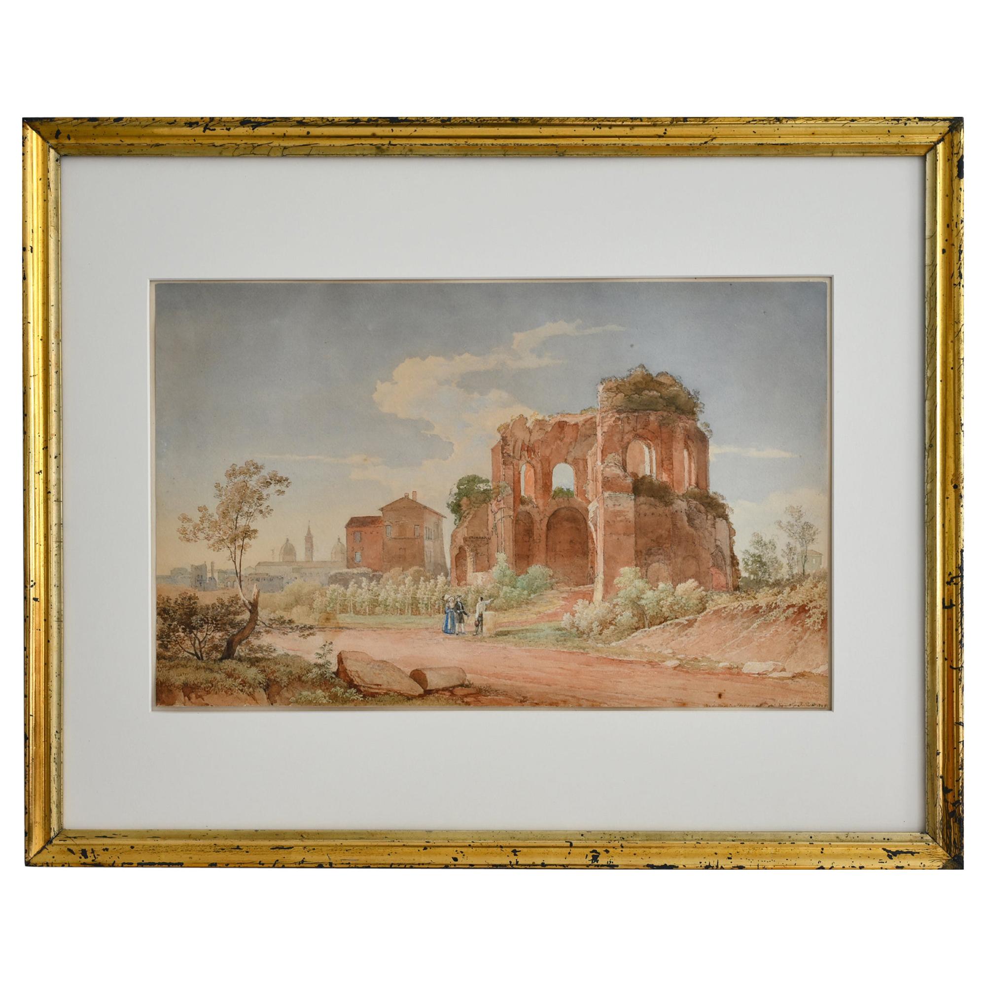 19th Century Watercolor Rome Signed and Dated Juillerat 1849 Roman Ruin