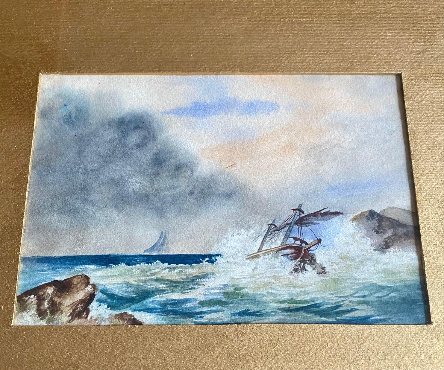 American 19th Century Watercolor Seascape with Shipwreck For Sale