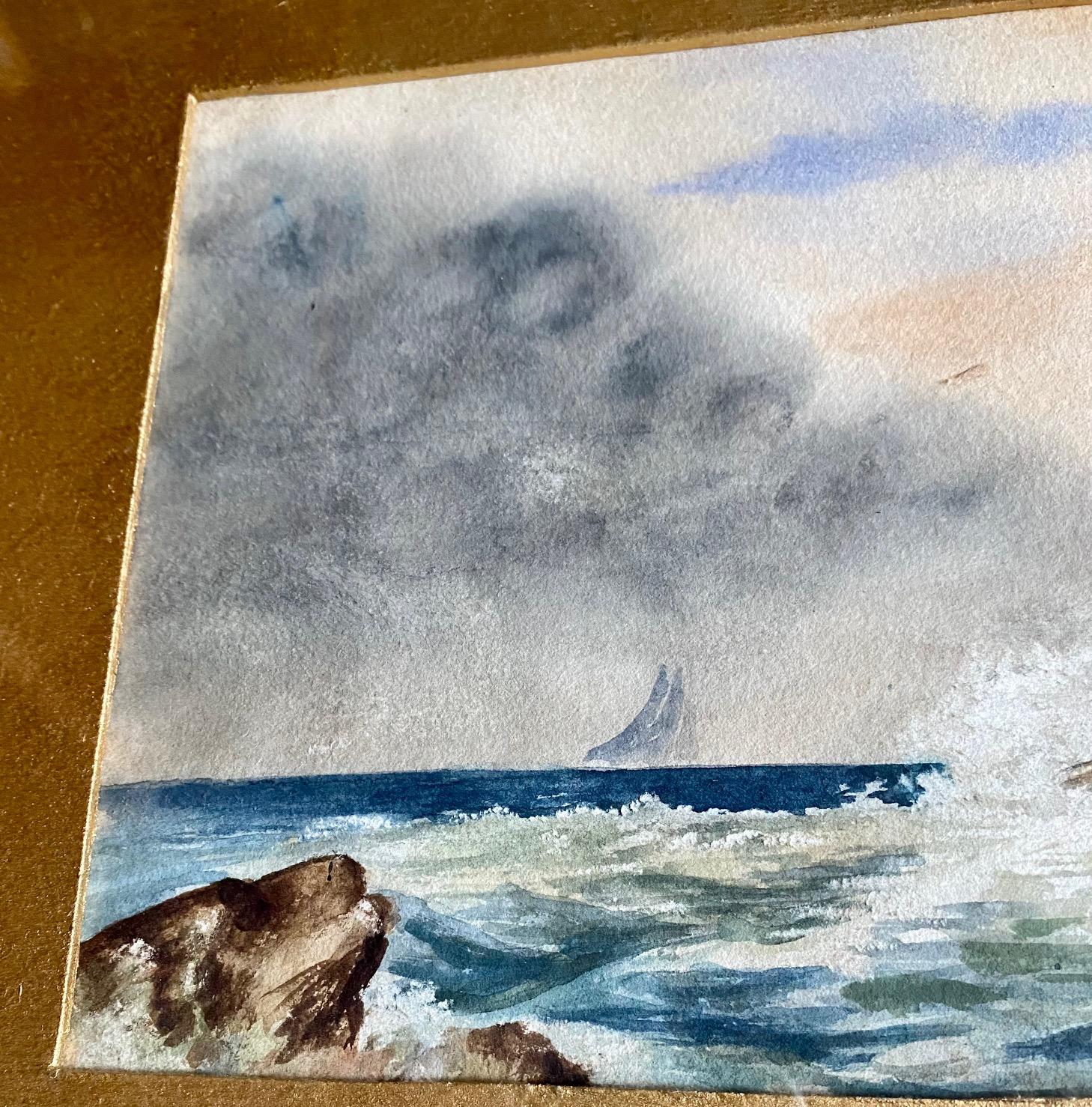 Peint à la main Aquarelle du 19e siècle, paysage marin avec naufrage en vente