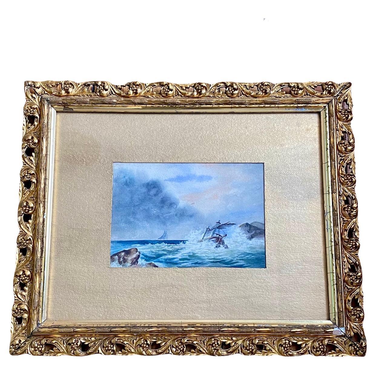 19th Century Watercolor Seascape with Shipwreck For Sale