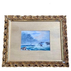 Aquarelle du 19e siècle, paysage marin avec naufrage