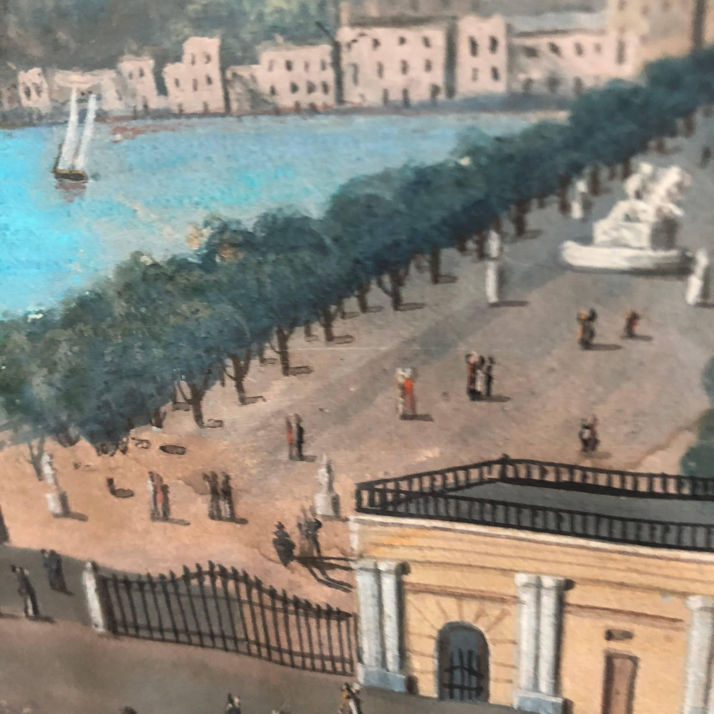 19th Century Watercoloring Painting Of Naples - La Villa Reale 3