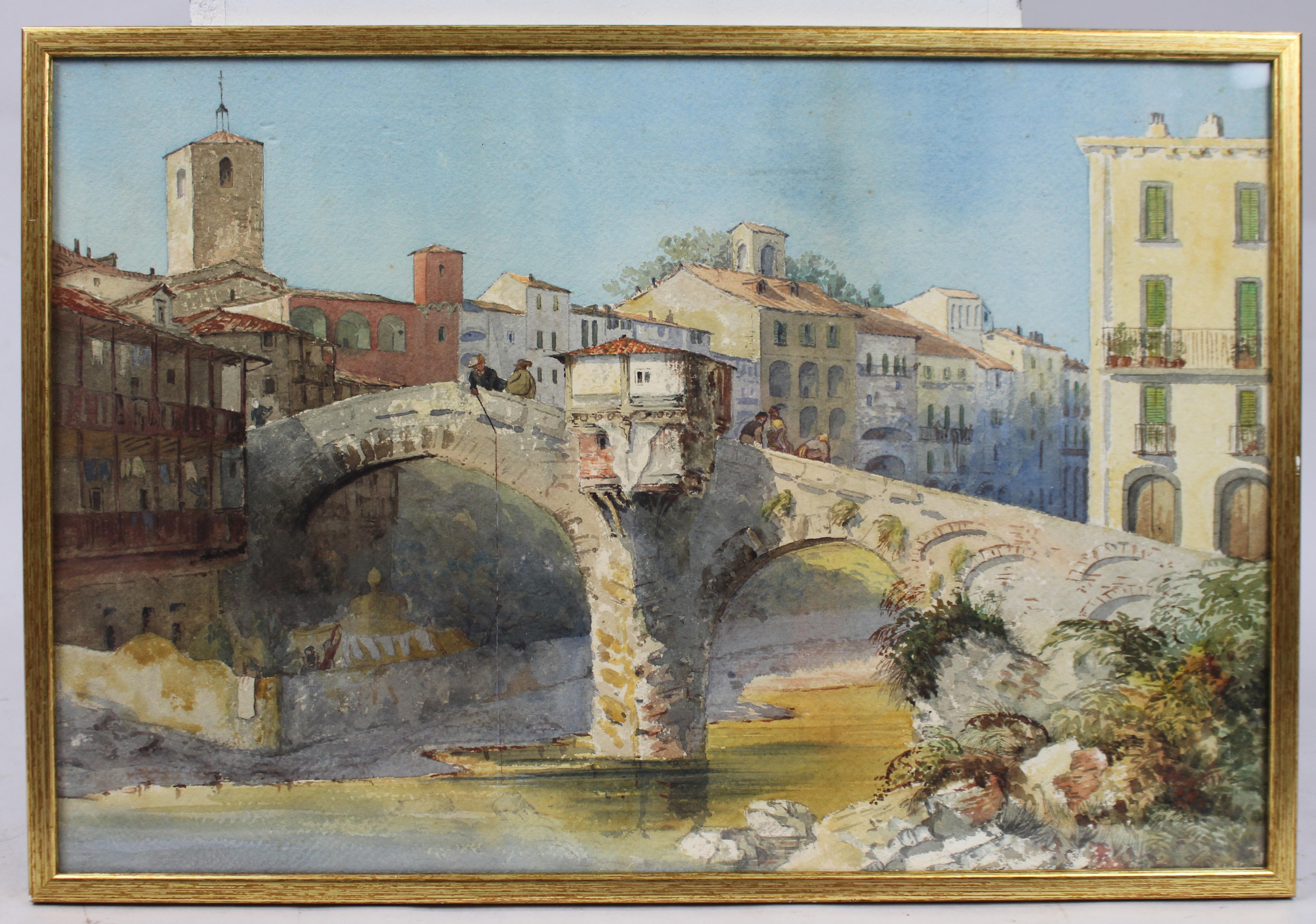 Aquarelle italienne du 19e siècle - Signée I.L.A., datée de 1877
Cette aquarelle finement peinte du XIXe siècle représente un pont de pierre traditionnel dans un cadre d'Europe méridionale, avec des personnages qui traversent et une structure en
