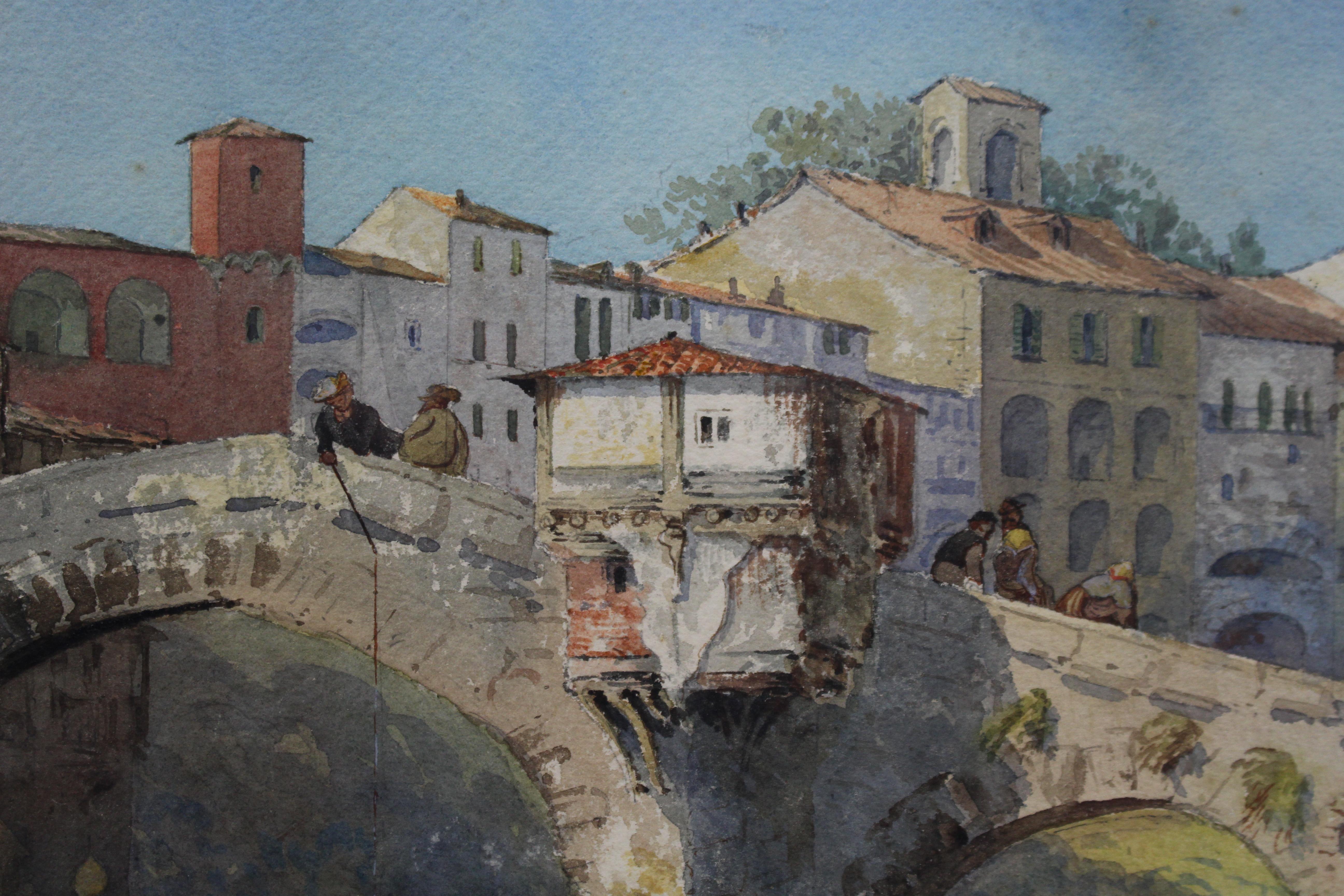 Européen Aquarelle du 19ème siècle - Scène de pont en pierre italien, signée I.L.A. 1877 en vente
