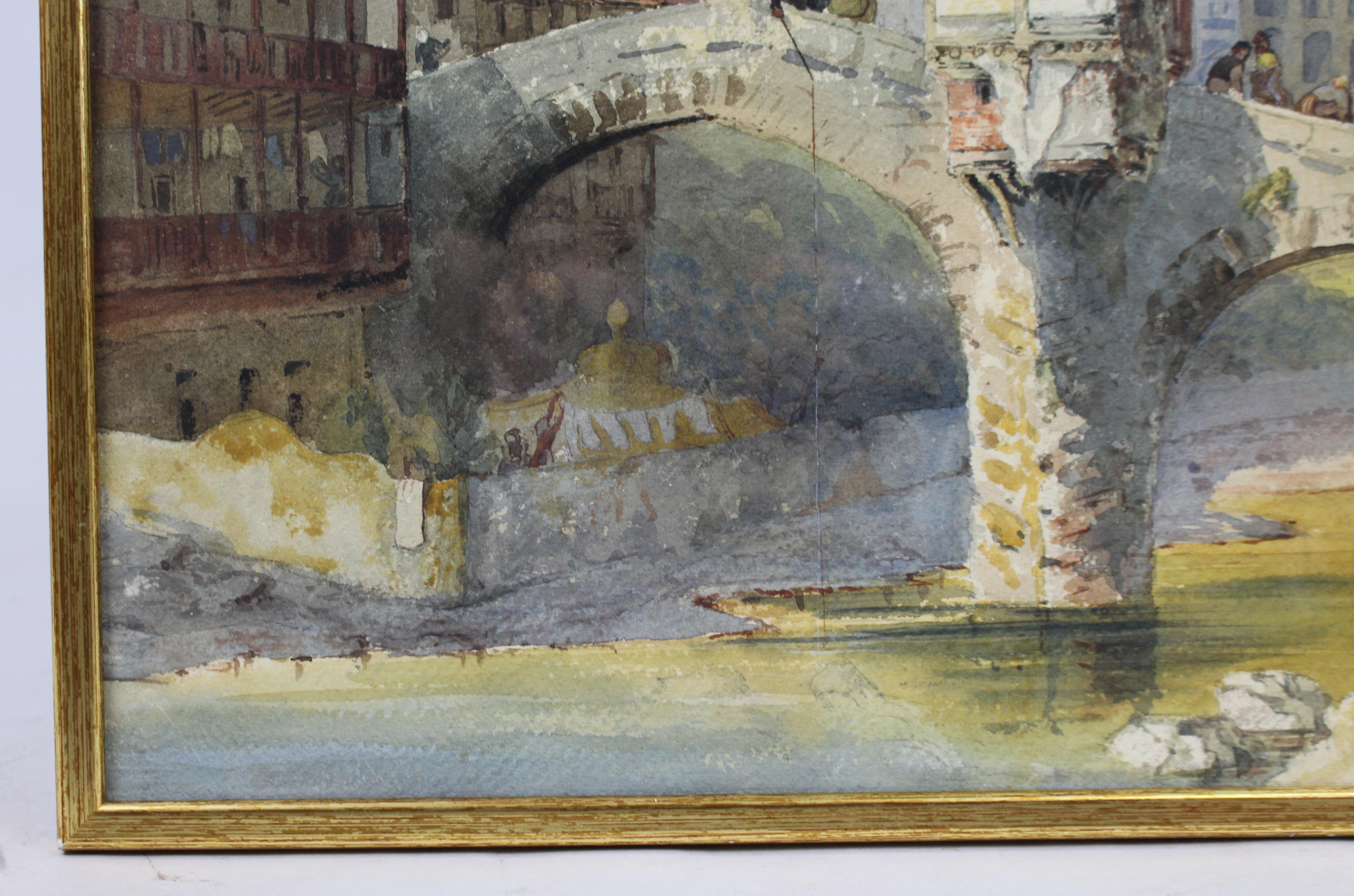 Aquarelle du 19ème siècle - Scène de pont en pierre italien, signée I.L.A. 1877 Bon état - En vente à Worcester, GB