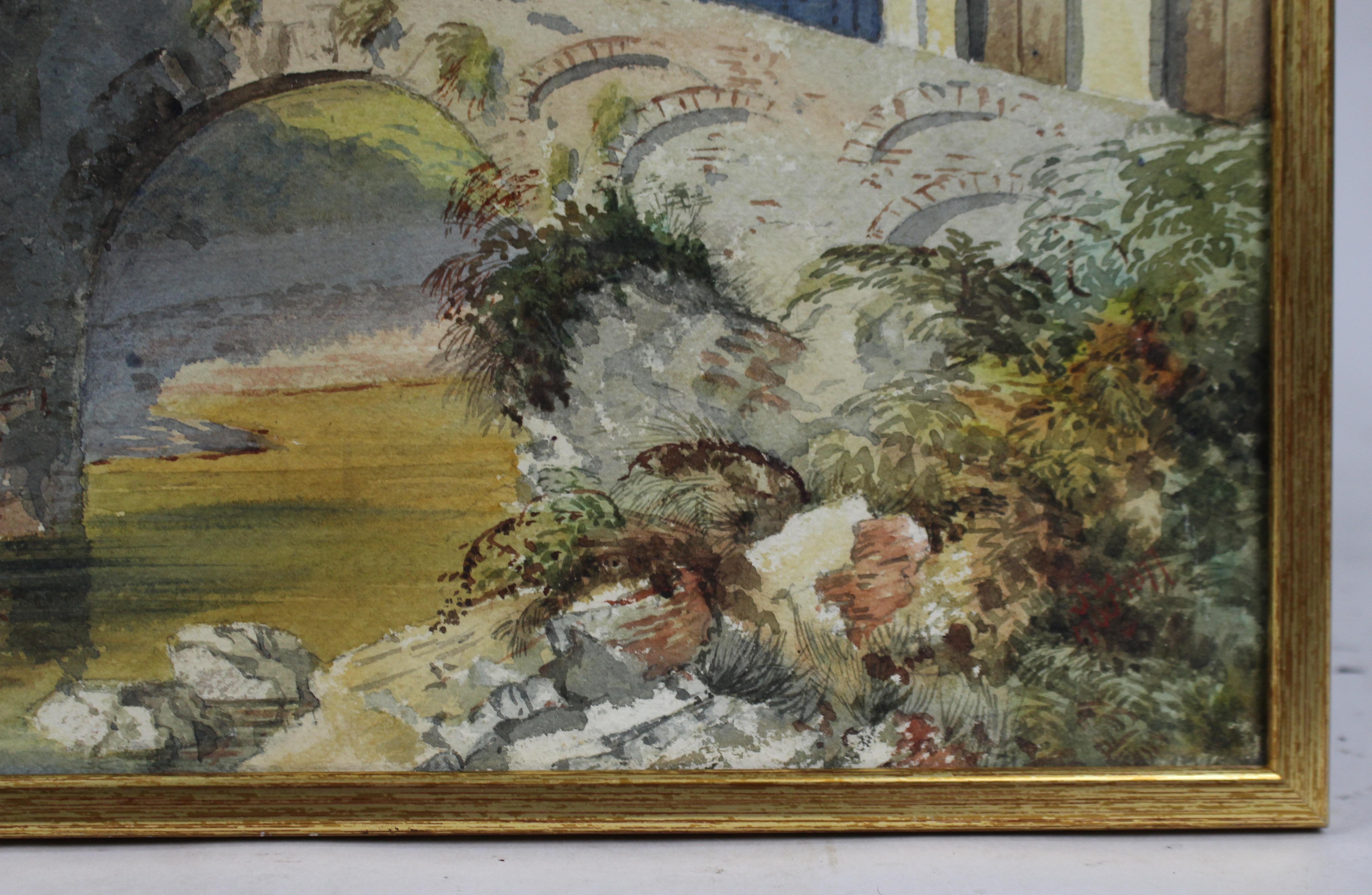 XIXe siècle Aquarelle du 19ème siècle - Scène de pont en pierre italien, signée I.L.A. 1877 en vente