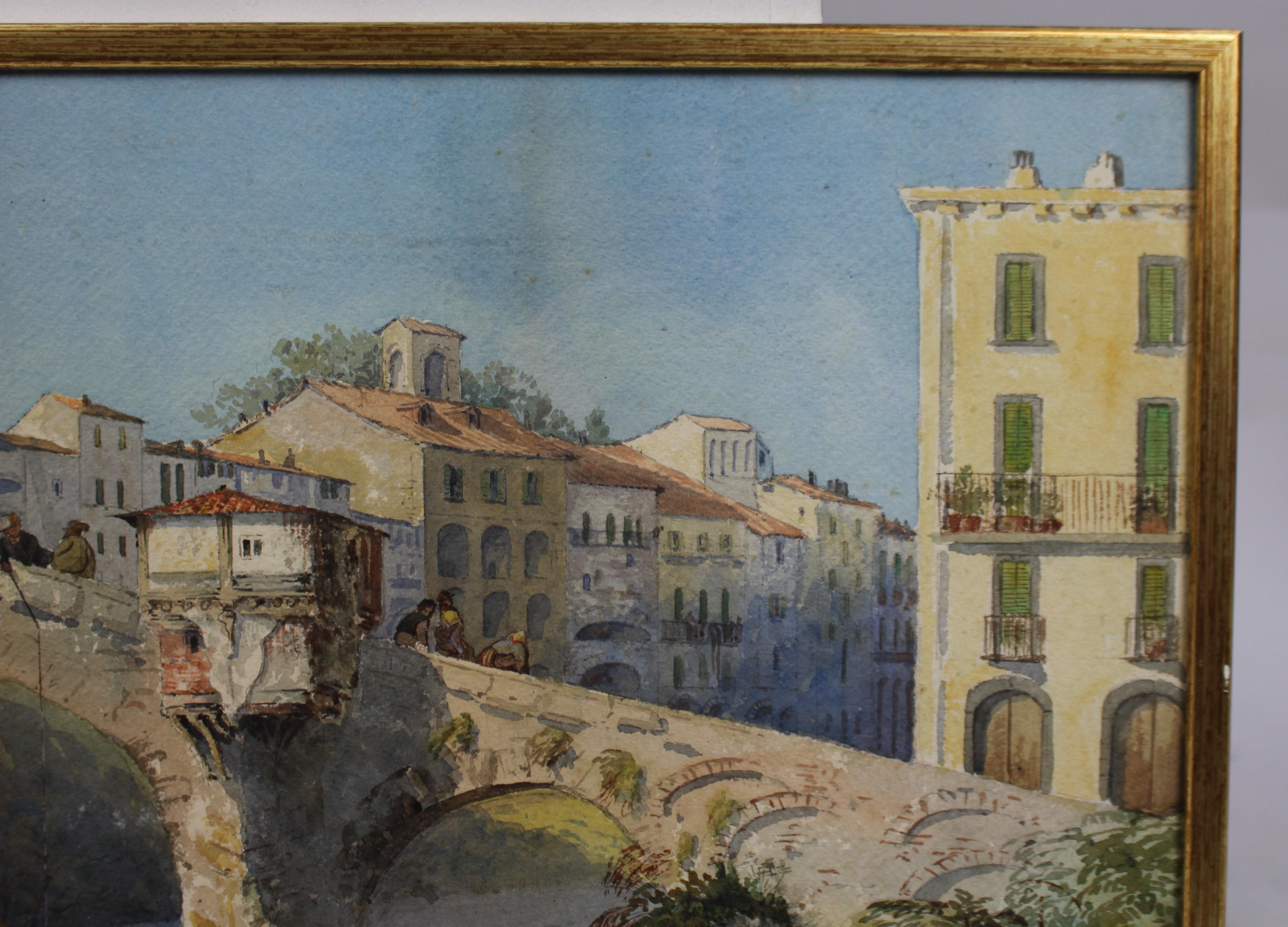 Papier Aquarelle du 19ème siècle - Scène de pont en pierre italien, signée I.L.A. 1877 en vente