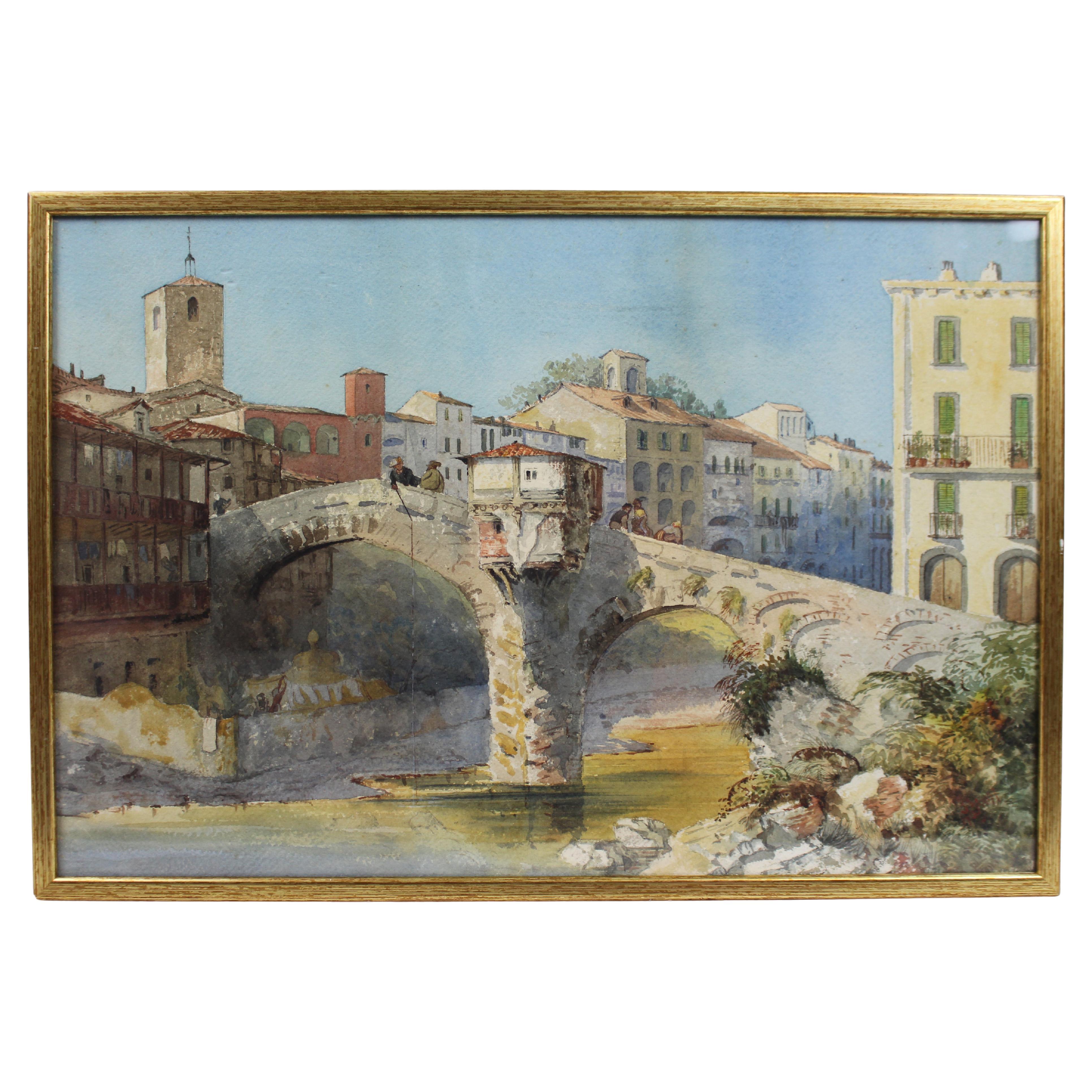Aquarelle du 19ème siècle - Scène de pont en pierre italien, signée I.L.A. 1877 en vente
