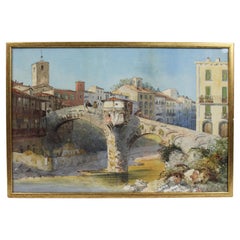 19th Century Watercolour – Italian Stone Bridge Scene, Signed J.L. 1877