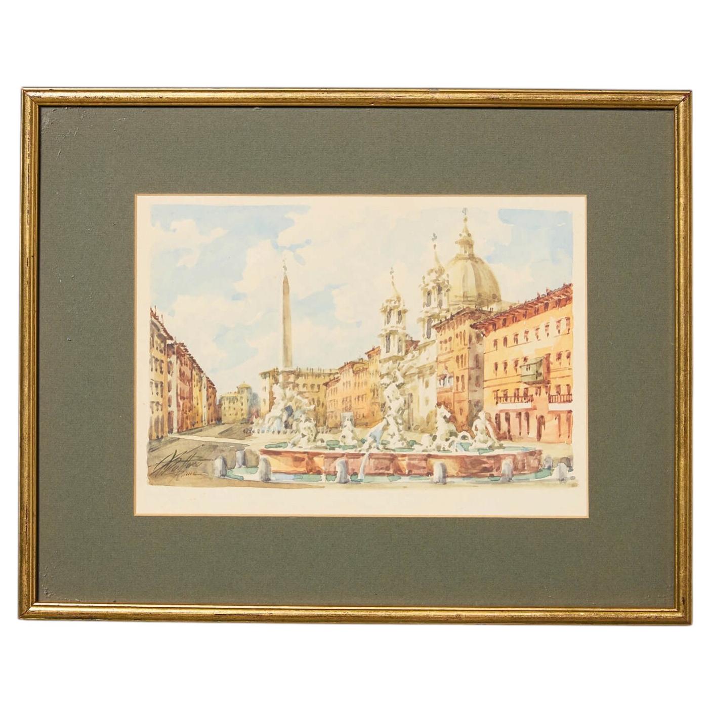 19th Century Watercolour of the Piazza Navona in Rome