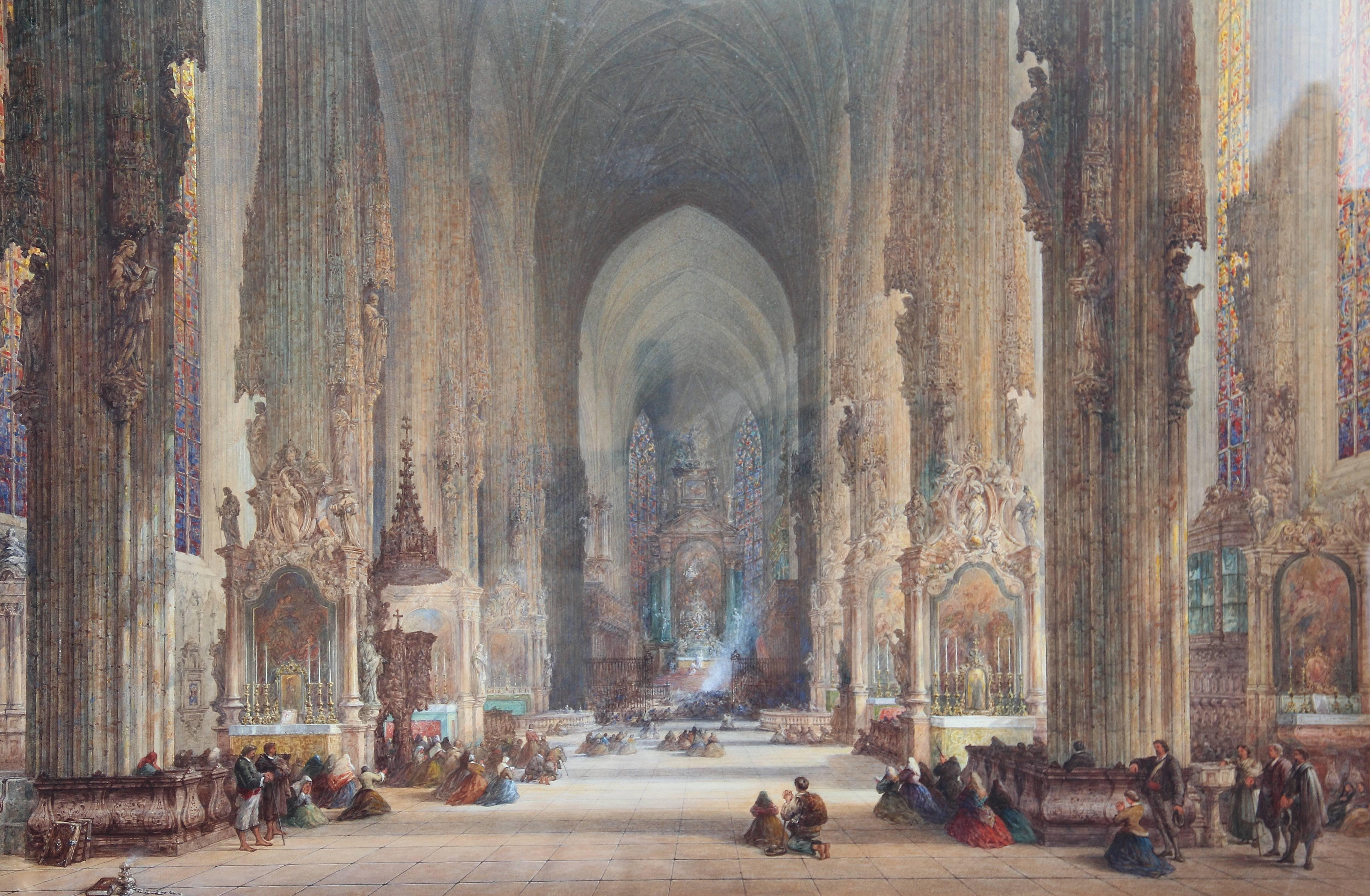 A large19th century watercolor by Samuel Read (1815-1883) of the interior of St Stephens cathedral in Vienna, signed and dated 1866, the painting is housed in a fine glazed gilt frame, it was exhibited at the Paris universal exhibition 1867 and