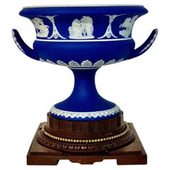 19th Century Wedgwood Blue Jasperware Urn on Carved Wood Pedestal
