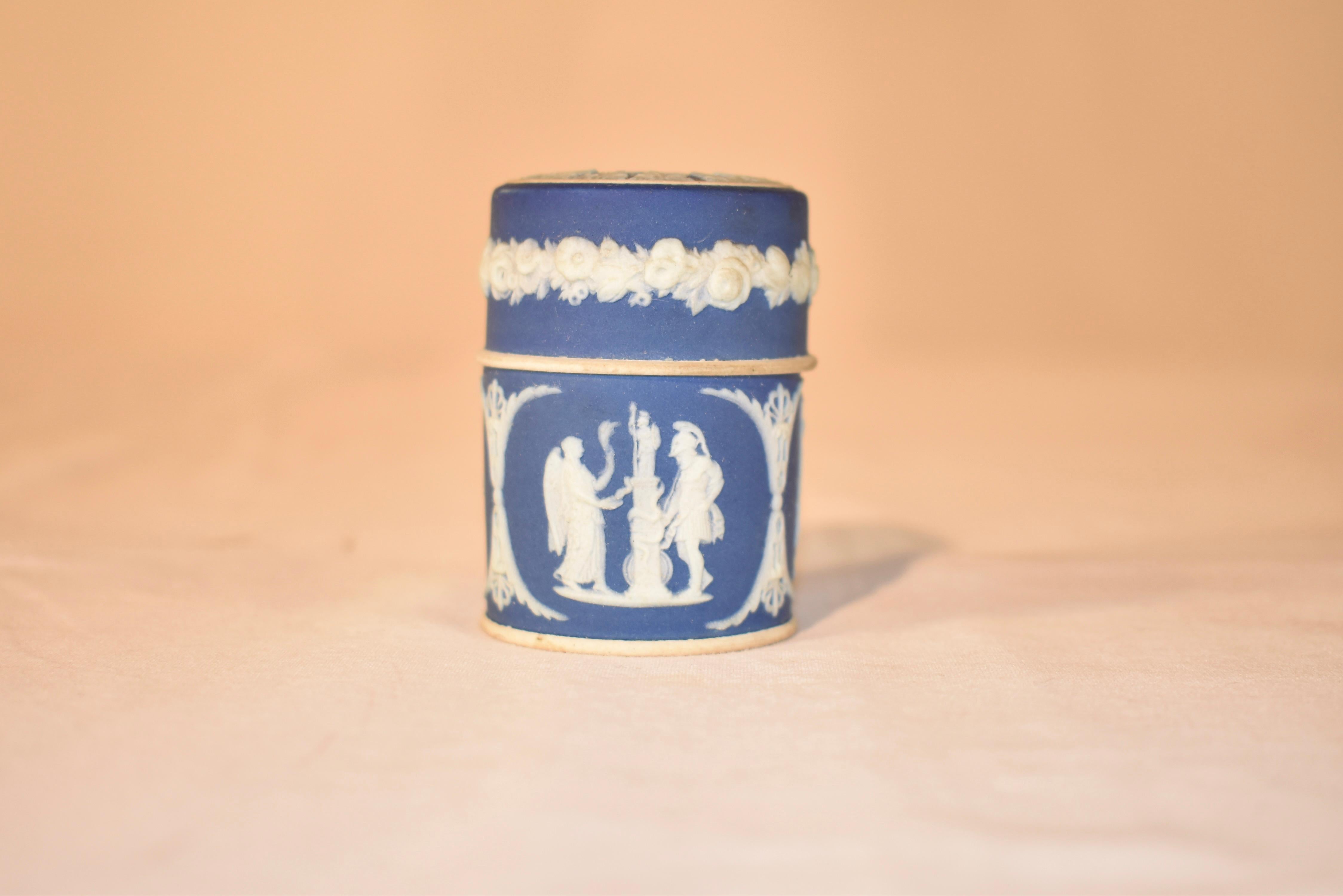 Late 19th century Jasperware dresser box by Wedgwood.  The blue color is lovely and gives off that bit of elegance in any room in which it is placed.  Signed on base.