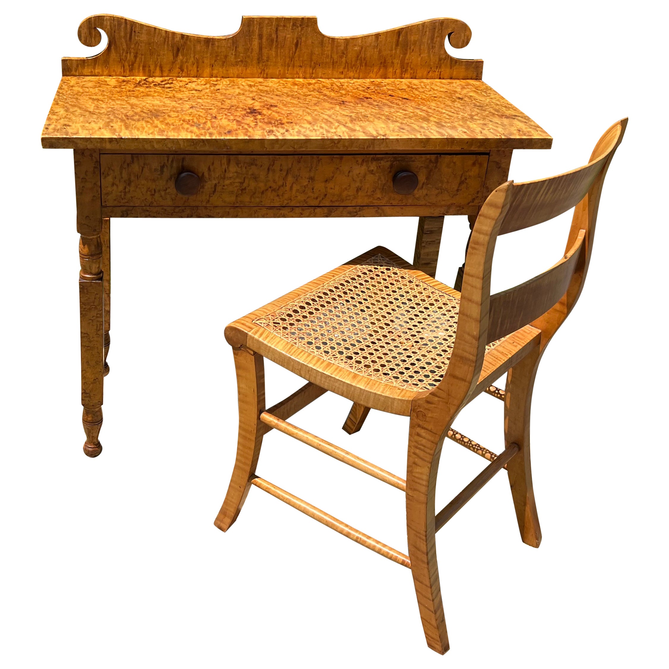 19th Century Well Figured Tiger Maple Desk With Chair - a Set of 2