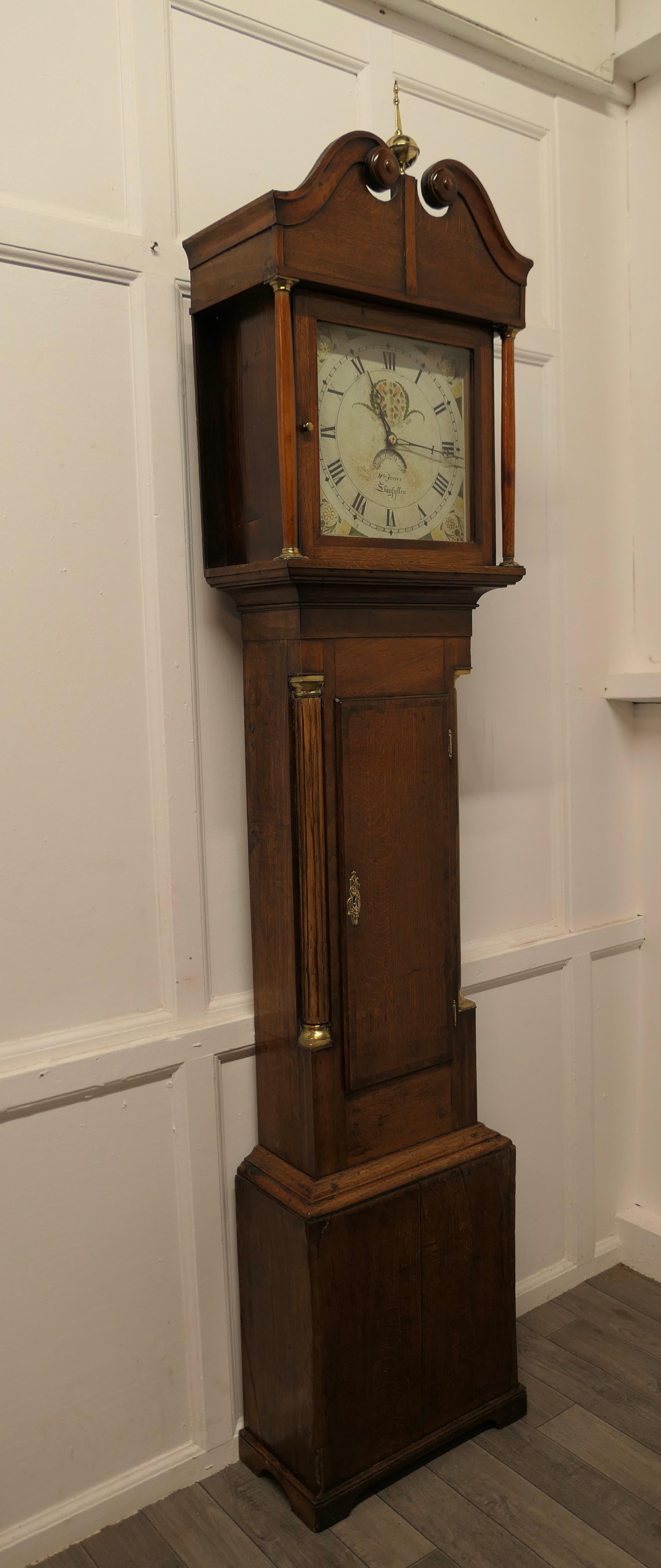 19th century Welsh Country oak long case clock by Wm Jones of Llanfyllin.

19th Century Country oak clock with a painted enamel face and a calendar aperture date display by Wm Jones of Llanfyllin.

Both a Good Working and Decorative piece, both