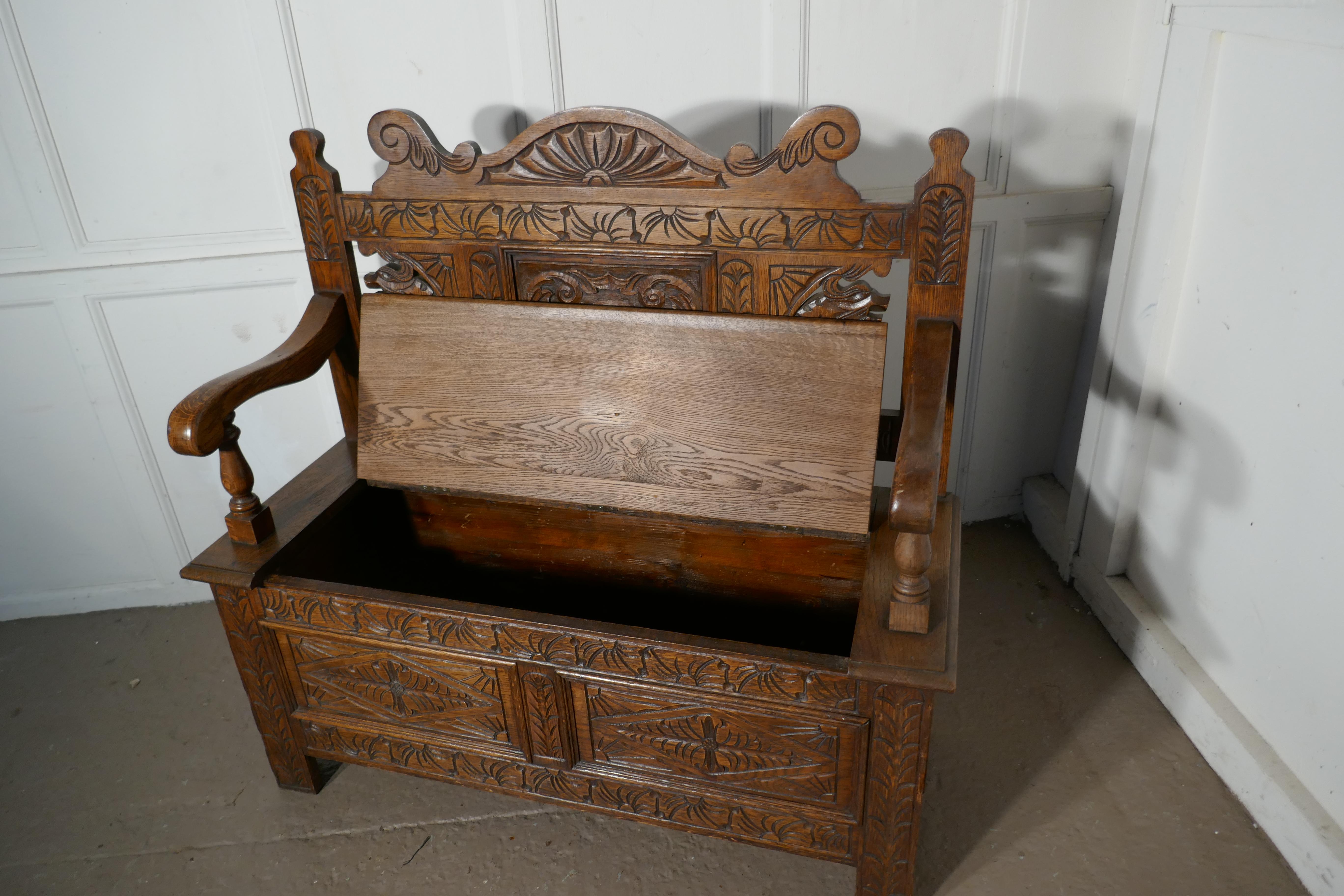 Gothic 19th Century Welsh High Back Carved Oak Box Settle