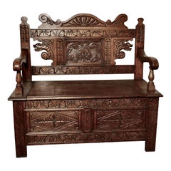 19th Century Welsh High Back Carved Oak Box Settle