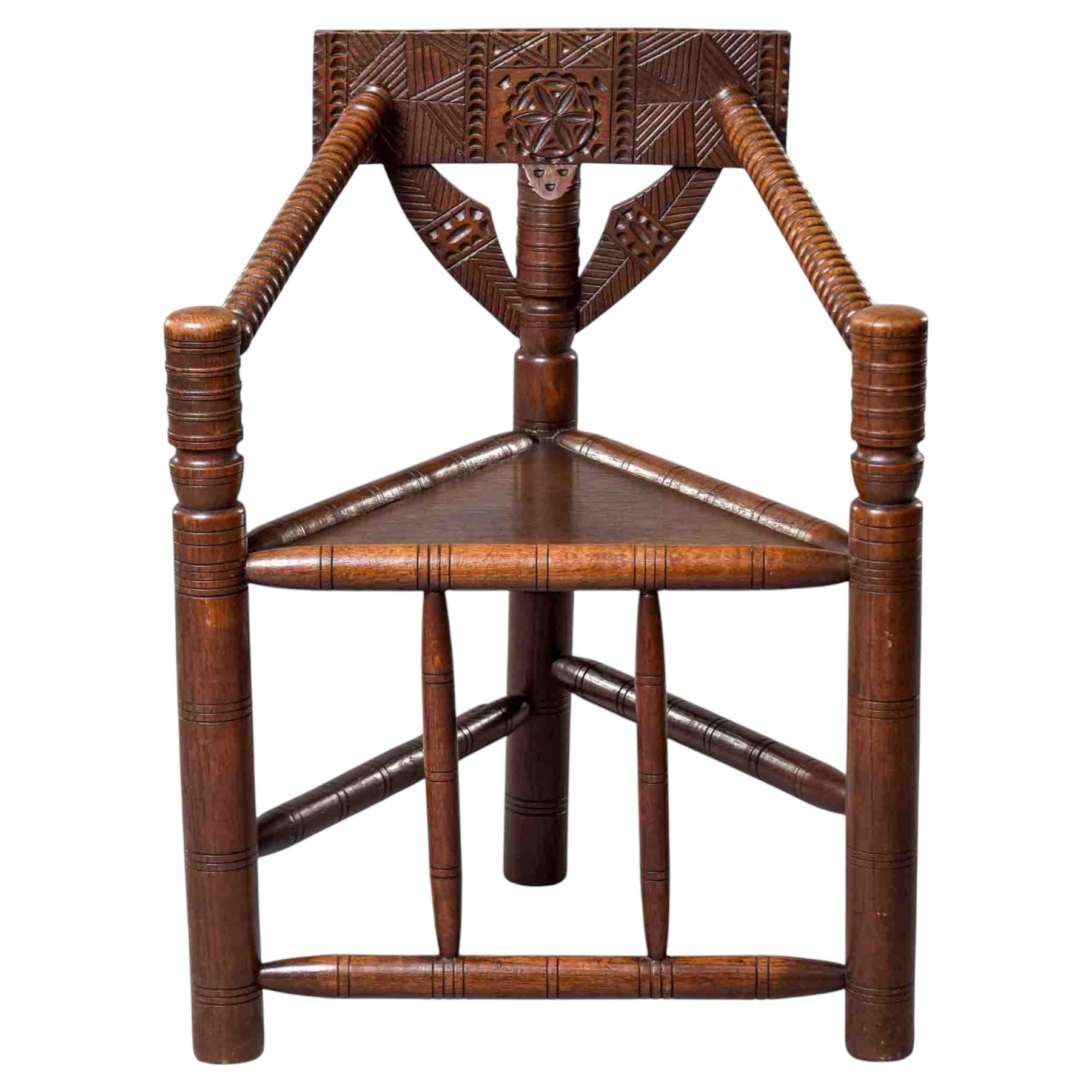 19th Century Welsh or English Folk Art Oak Corner Armchair