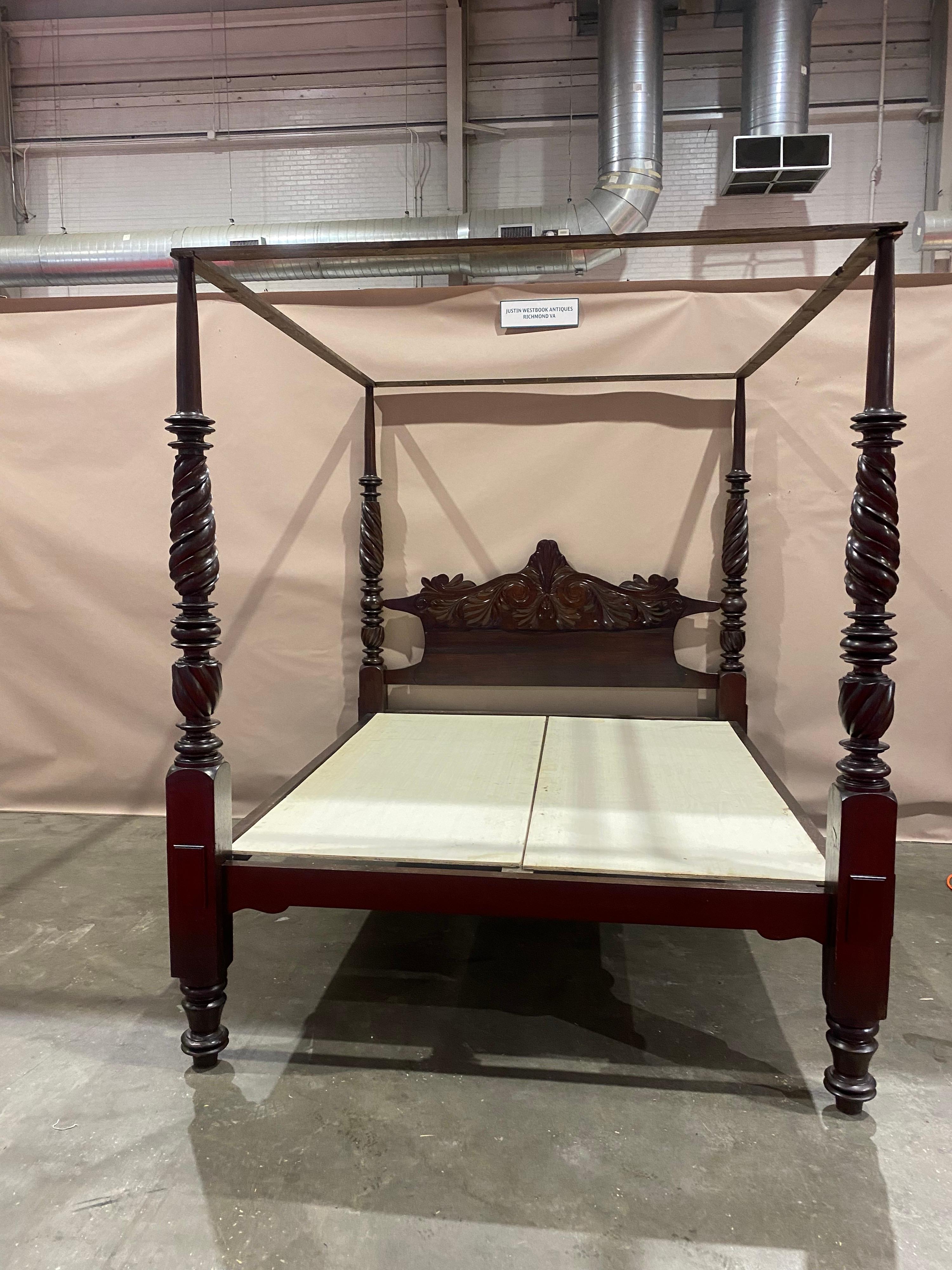 British Colonial 19th Century West Indies Carved Mahogany 4 Post Bed “California King”