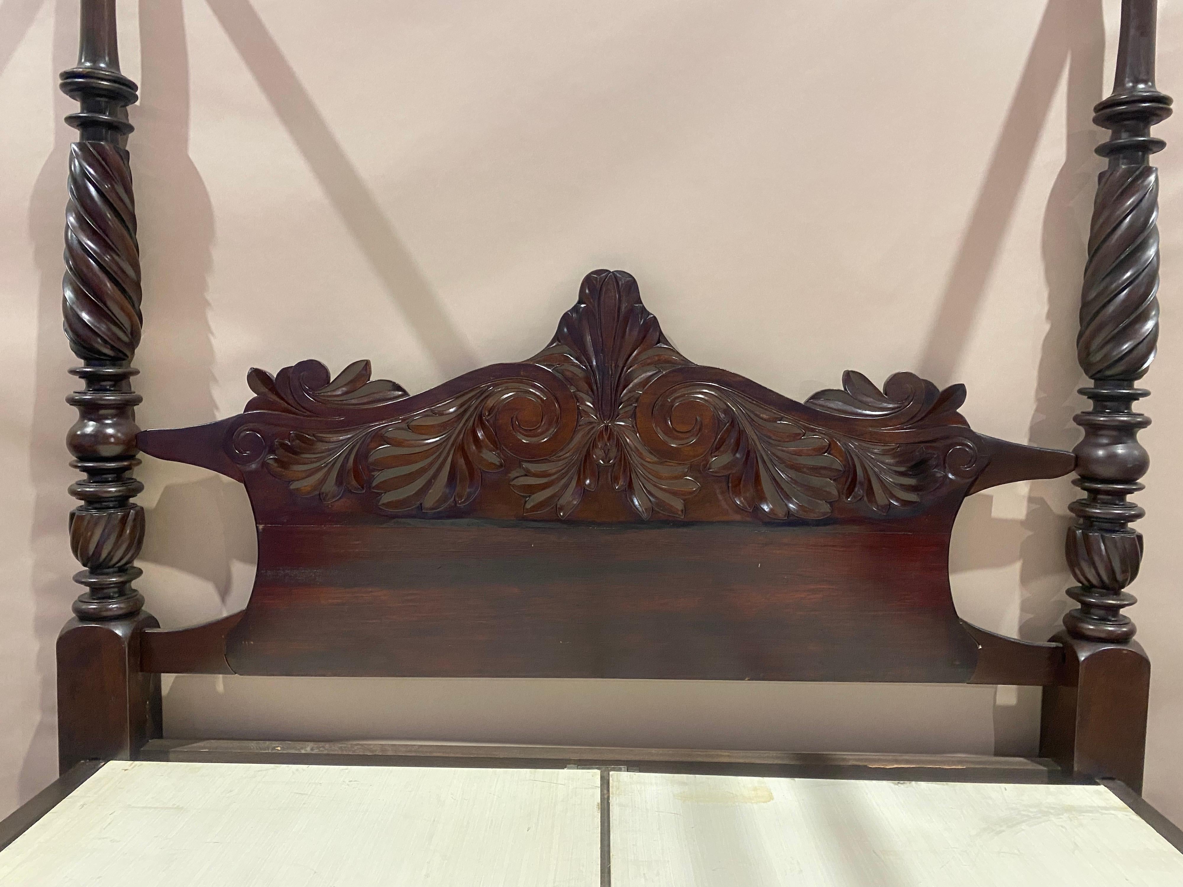 19th Century West Indies Carved Mahogany 4 Post Bed “California King” 1