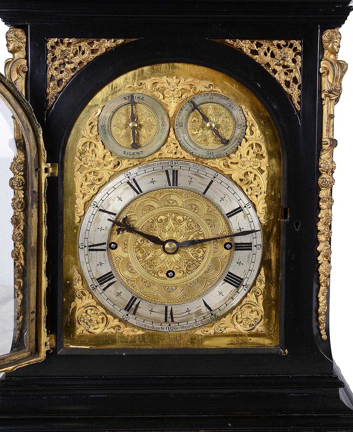 A very impressive late 19th Century ebonized arch dial, musical bracket clock, having wonderful gilded ormolu mounts, a Westminster chime on bells and a gong, a strike / silent option, an eight day duration movement that strikes on the hour and half