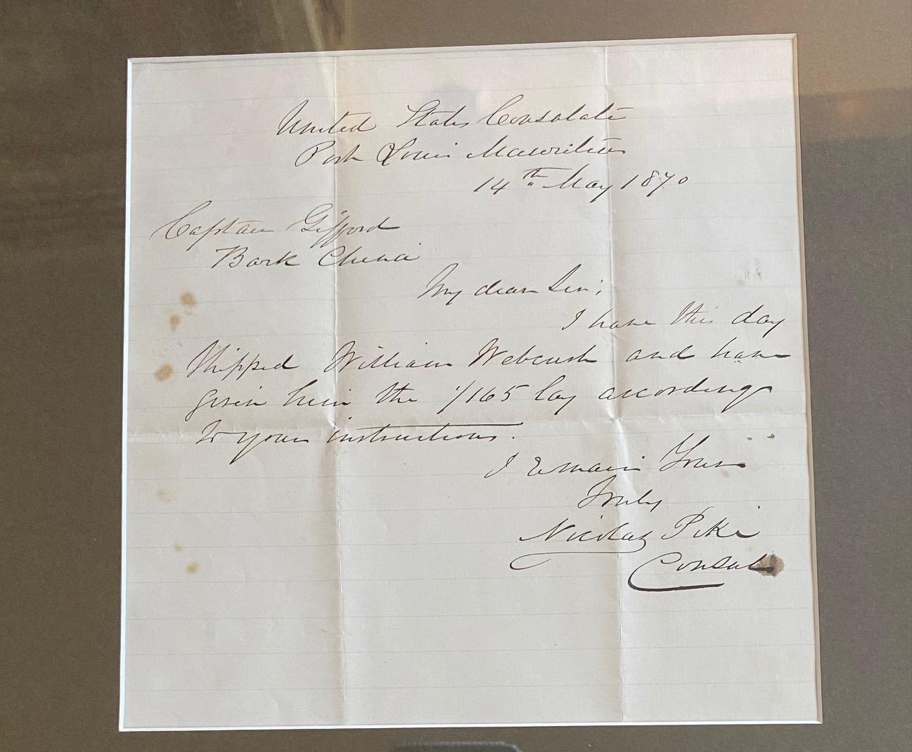 19th century Whaleman's Letter Delivered on Whaling Grounds, addressed to Captain Charles H. Gifford aboard the Whaling Bark CHINA, 14 May 1870, a letter from the American Consulate in Port Louis on the island of Mauritius, informing Capt Gifford
