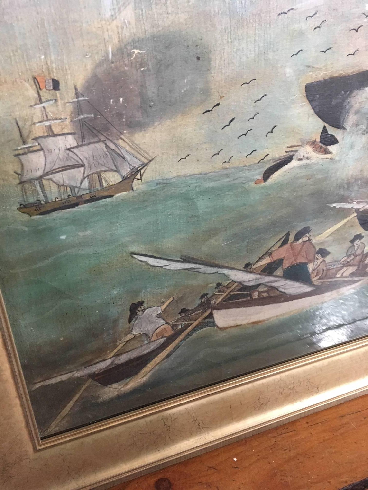 19th century Whaling Panorama, circa 1890, an oil on canvas view of whaling in the South Seas, with six boats lowered and three sperm whales in a flurry, three boats in peril and a close-up view of the whalemen. The painting is unusual in having