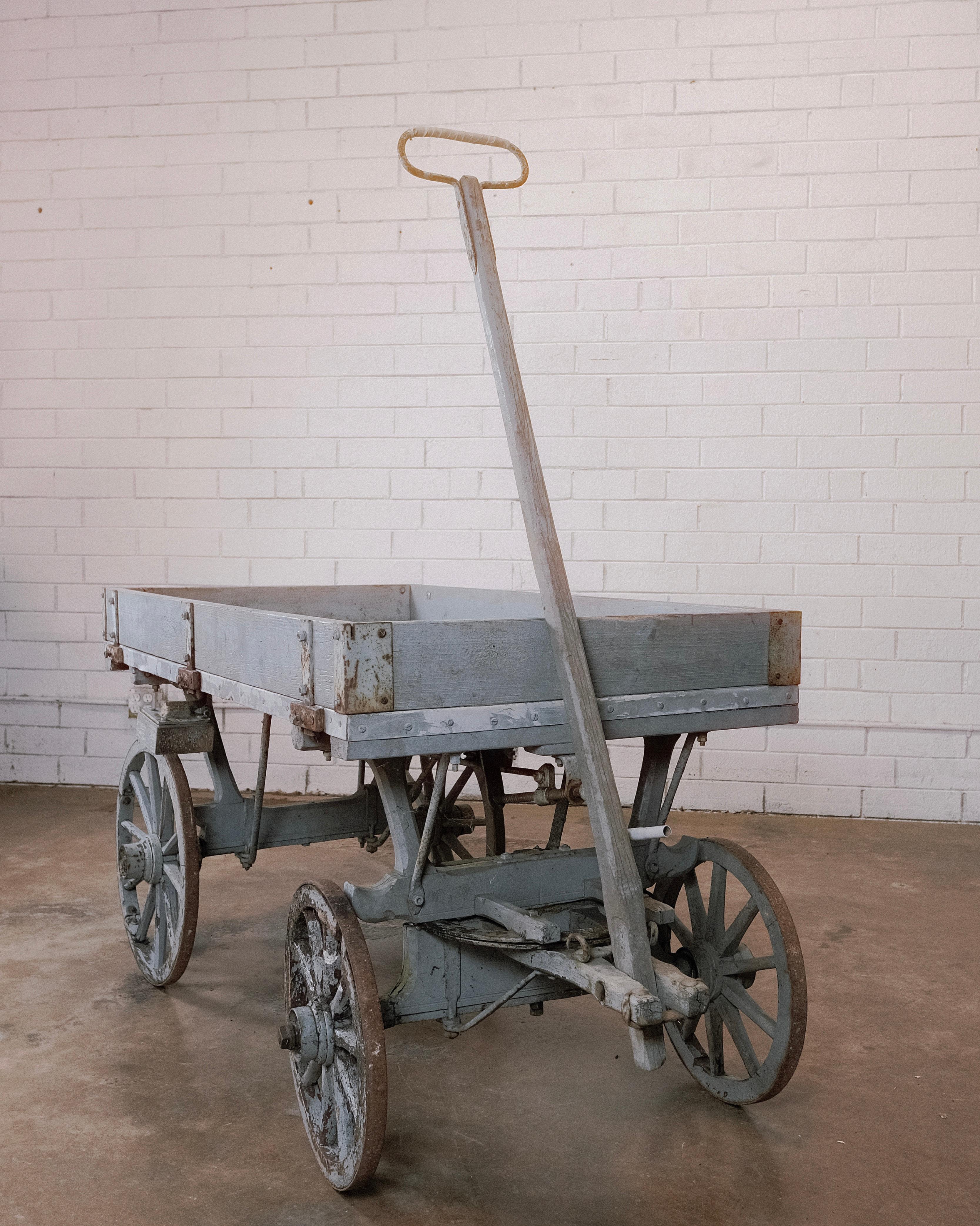Wood 19th Century Wheeled Hand Industrial Factory Wagon Cart  For Sale