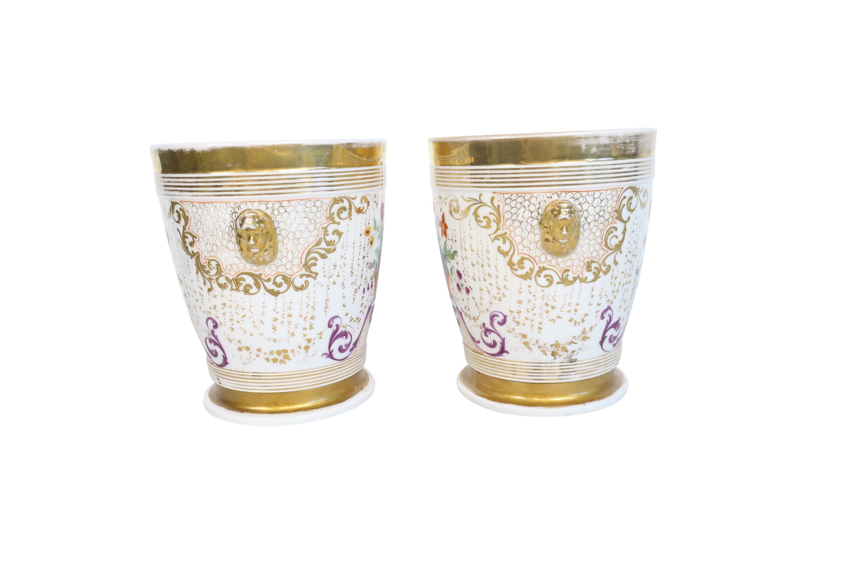 French 19th Century White and Floral Porcelain de Paris Jardiniere/Wine Coolers For Sale