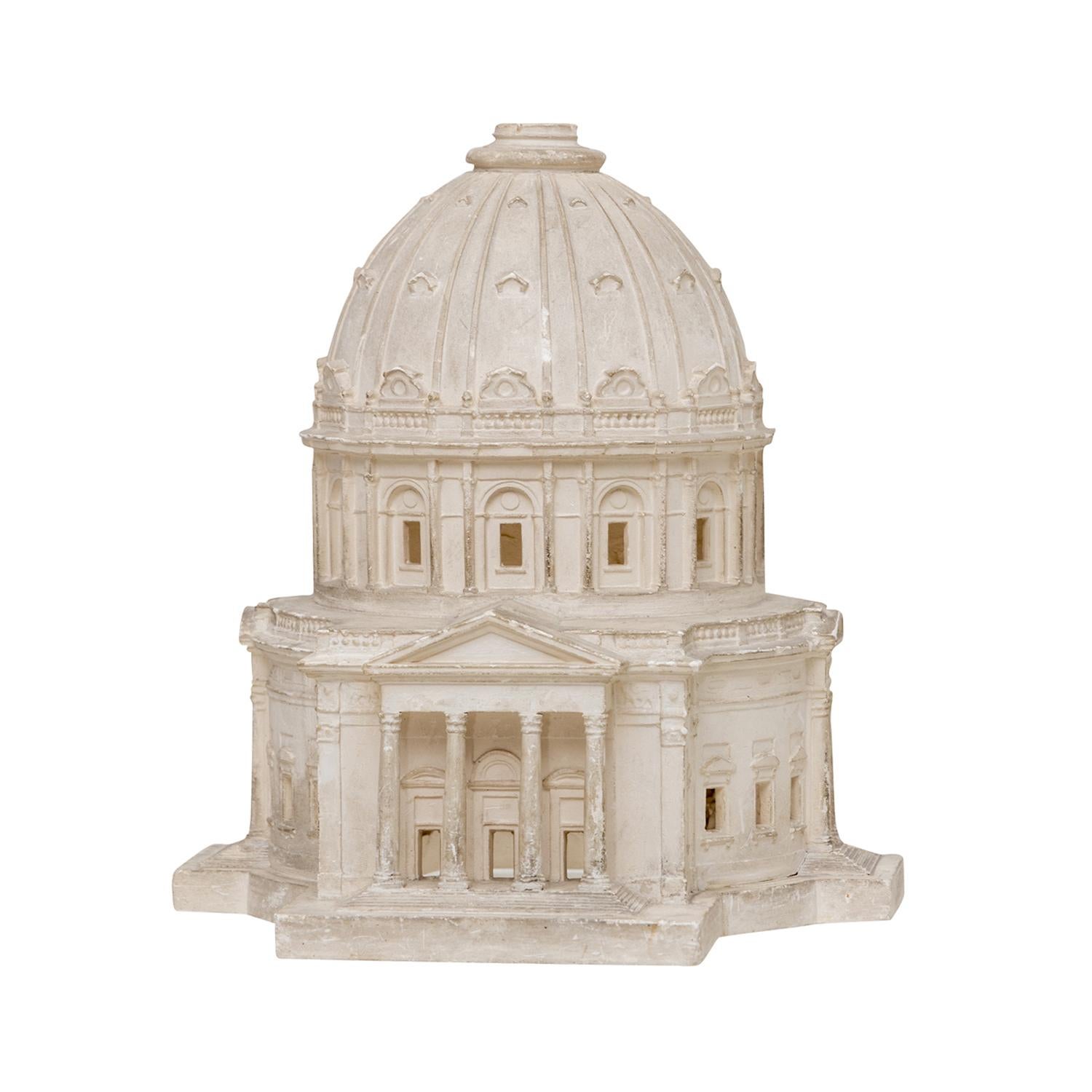 A white, antique Belgian architectural model made of handcrafted plaster of Paris, in good condition. It depicts the Frederik's Church in Copenhagen, Denmark. The main entrance of the detailed cathedral is accessible by a wide staircase,