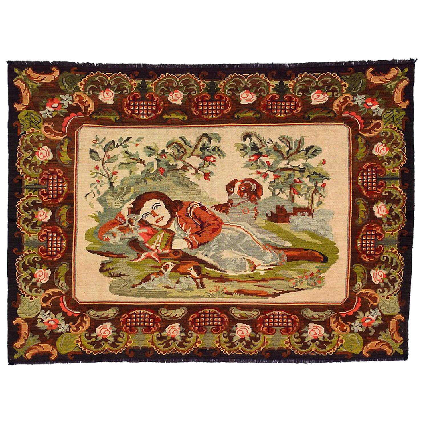 Tappeto Kilim Karabagh bianco, nero, fiori e ritratto del XIX secolo, anni '40 circa in vendita