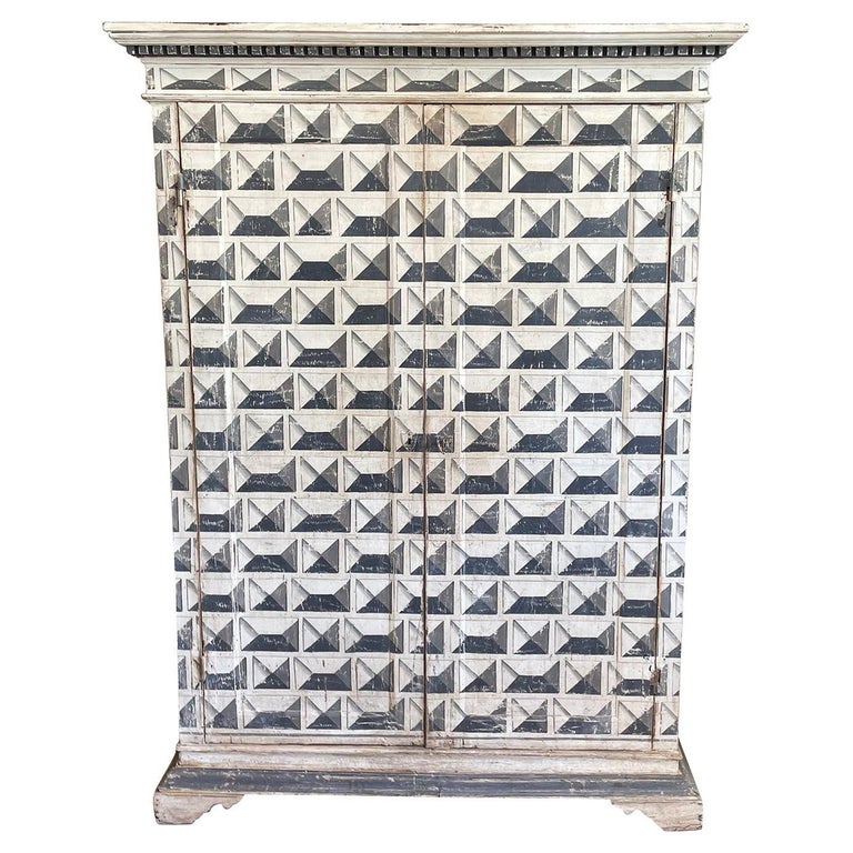 19th Century White-Black Italian Arte Povera Pinewood Armoire, Antique Cabinet For Sale
