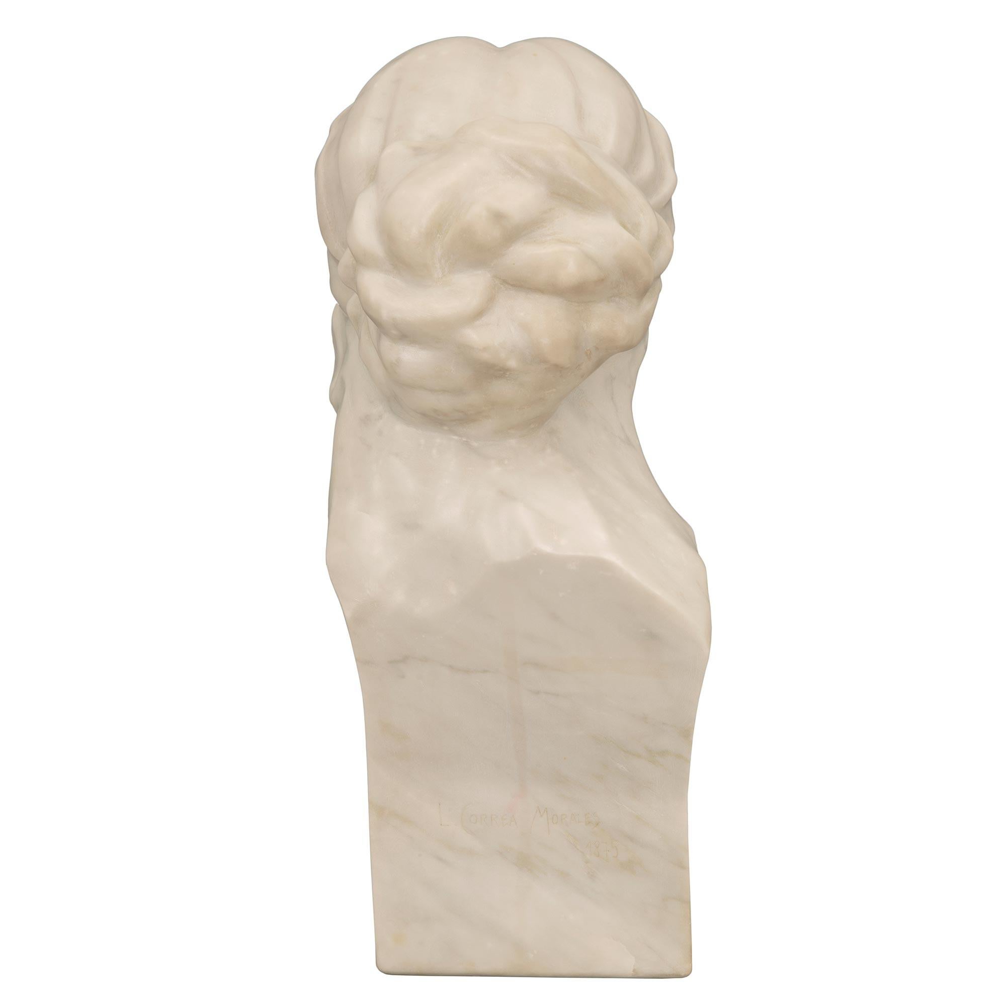 Unknown 19th Century White Carrara Marble Bust Signed, L. Correa Morales, 1875 For Sale