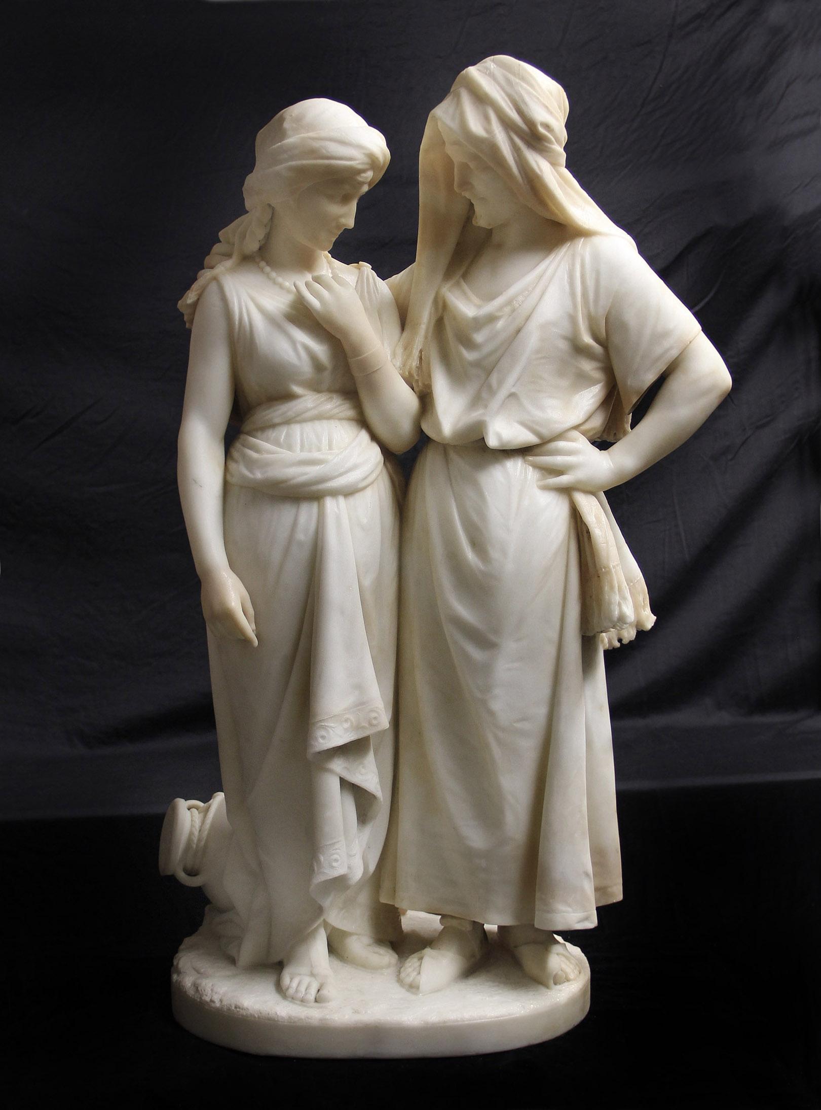 A Fine Late 19th Century White Carrara Double Figure Marble Entitled “Tendresse” by Émile-André Boisseau

Depicting an early Middle Eastern couple, the man with his arm around his wife, comforting her, standing on a oval carved base with a water